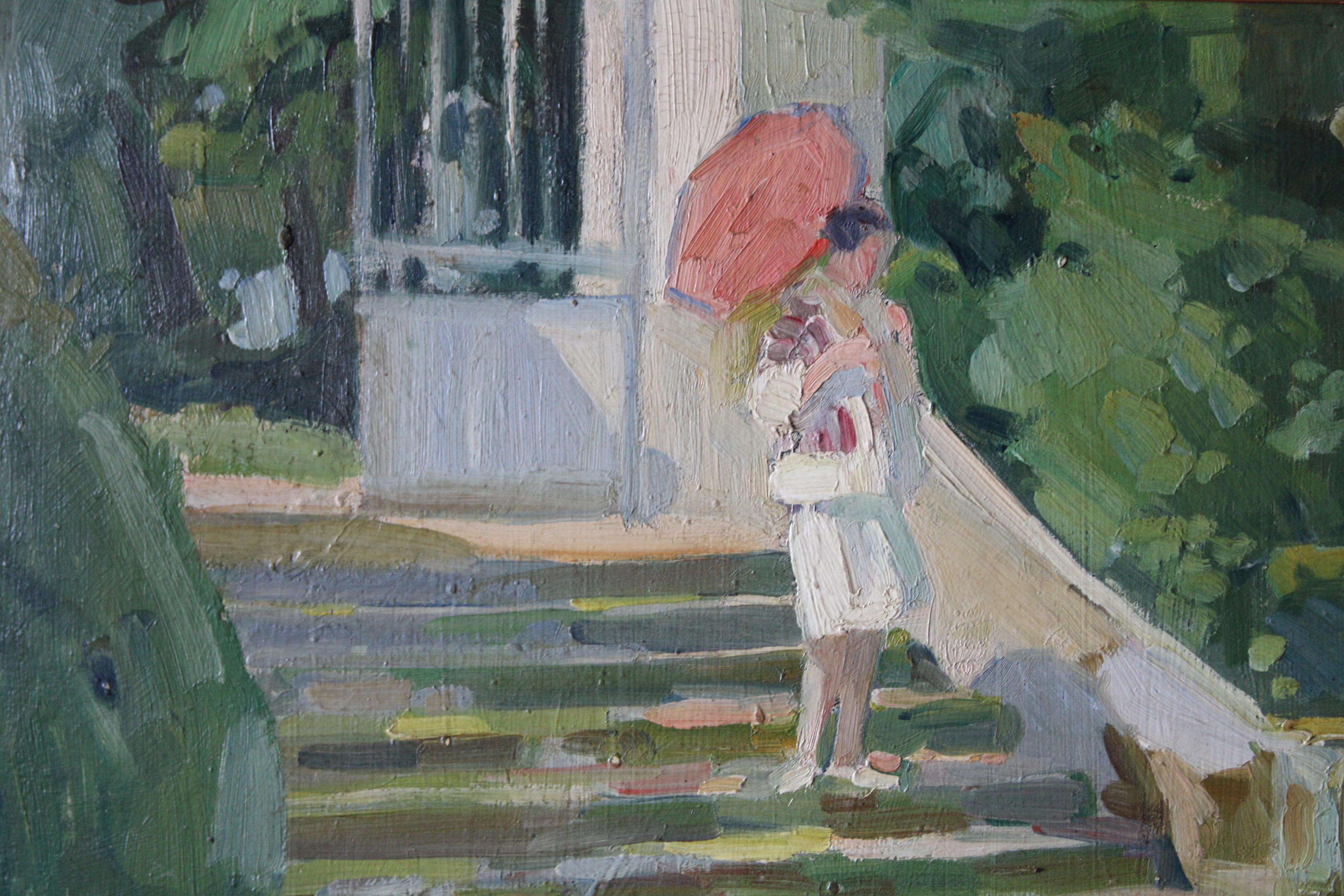 Figurative impressionist oil painting of a woman on steps with umbrella 10