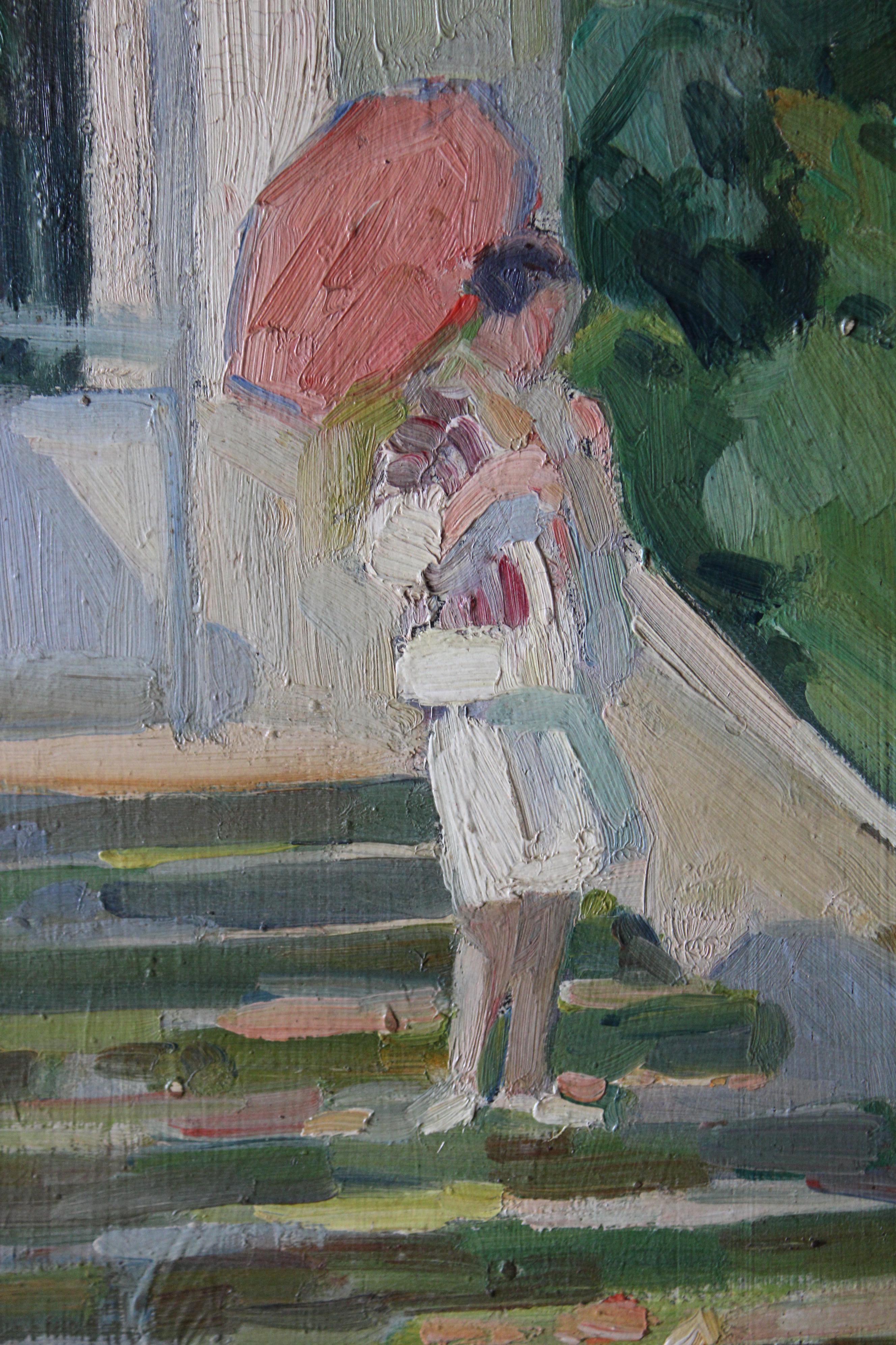 Figurative impressionist oil painting of a woman on steps with umbrella 11