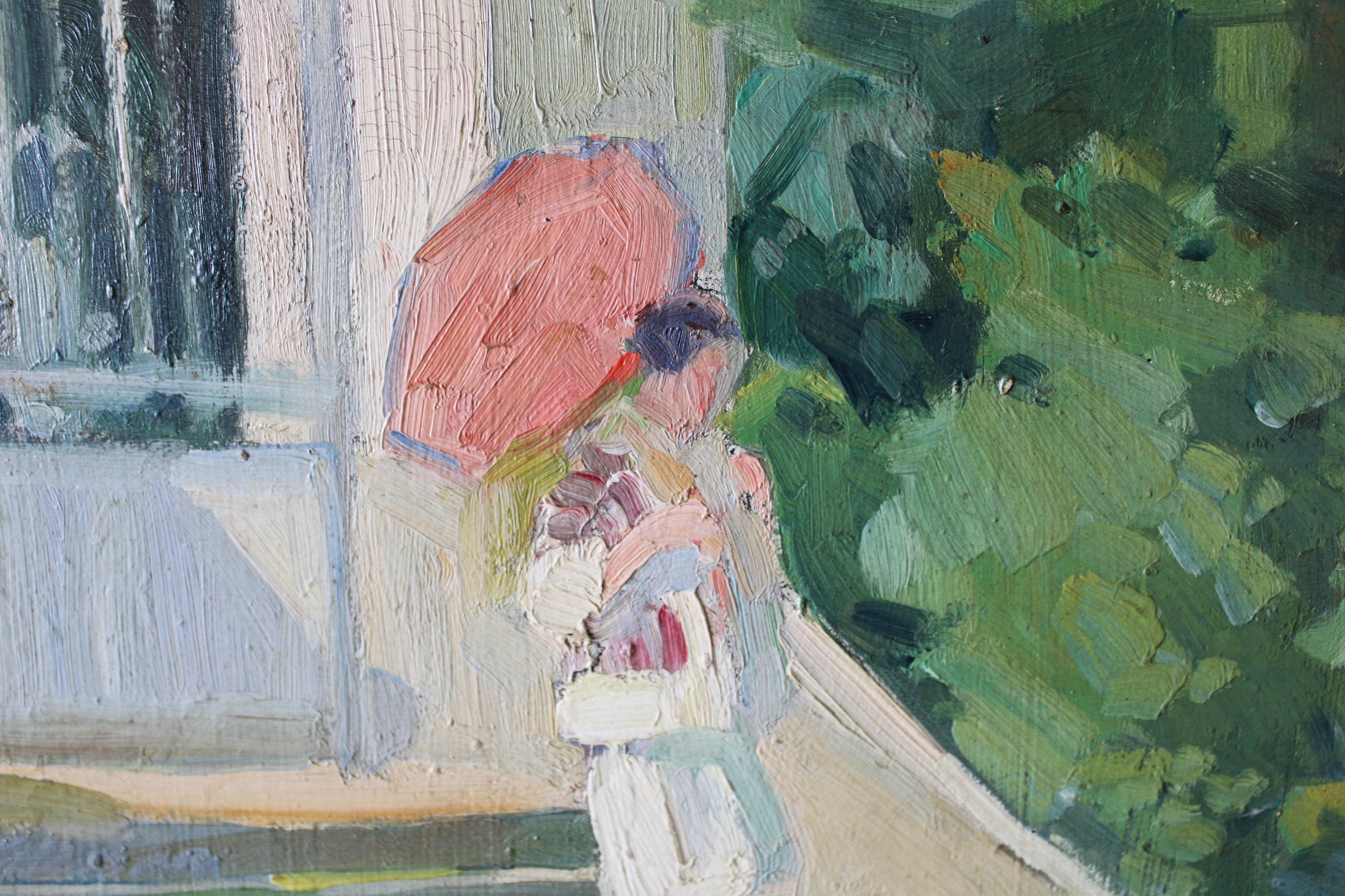 Figurative impressionist oil painting of a woman on steps with umbrella 13