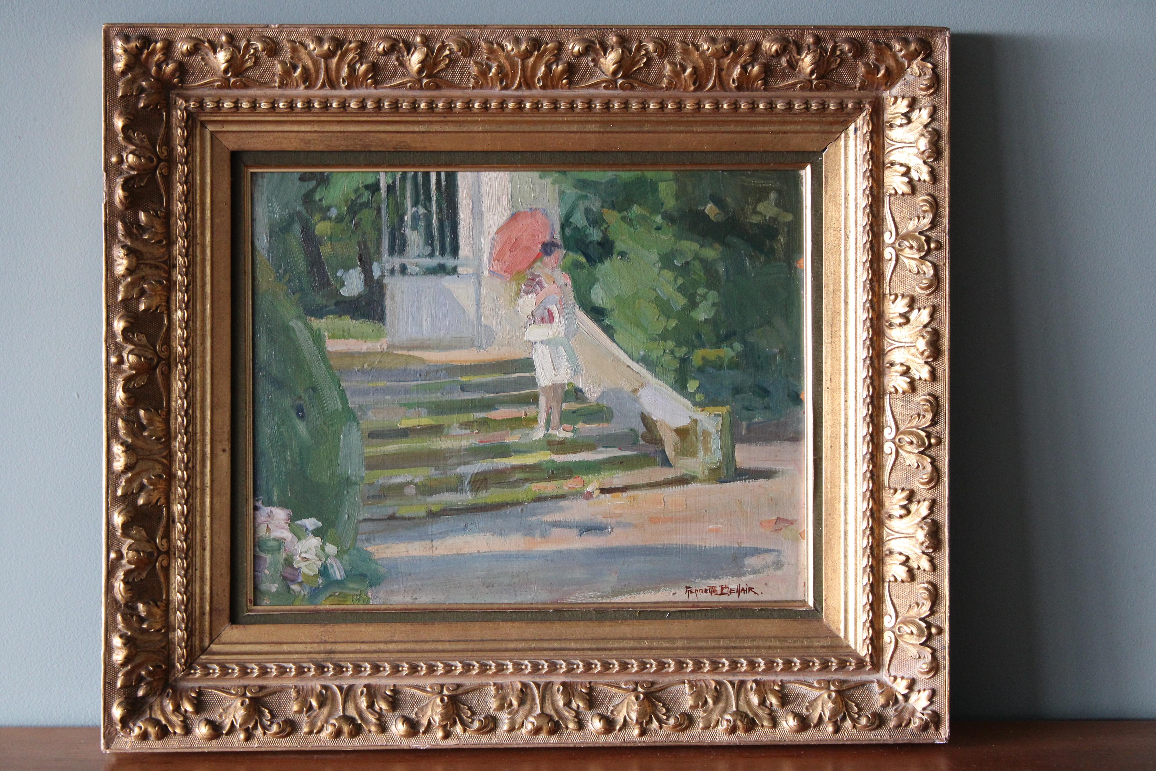 Figurative impressionist oil painting of a woman on steps with umbrella - Painting by Henriette Bellair
