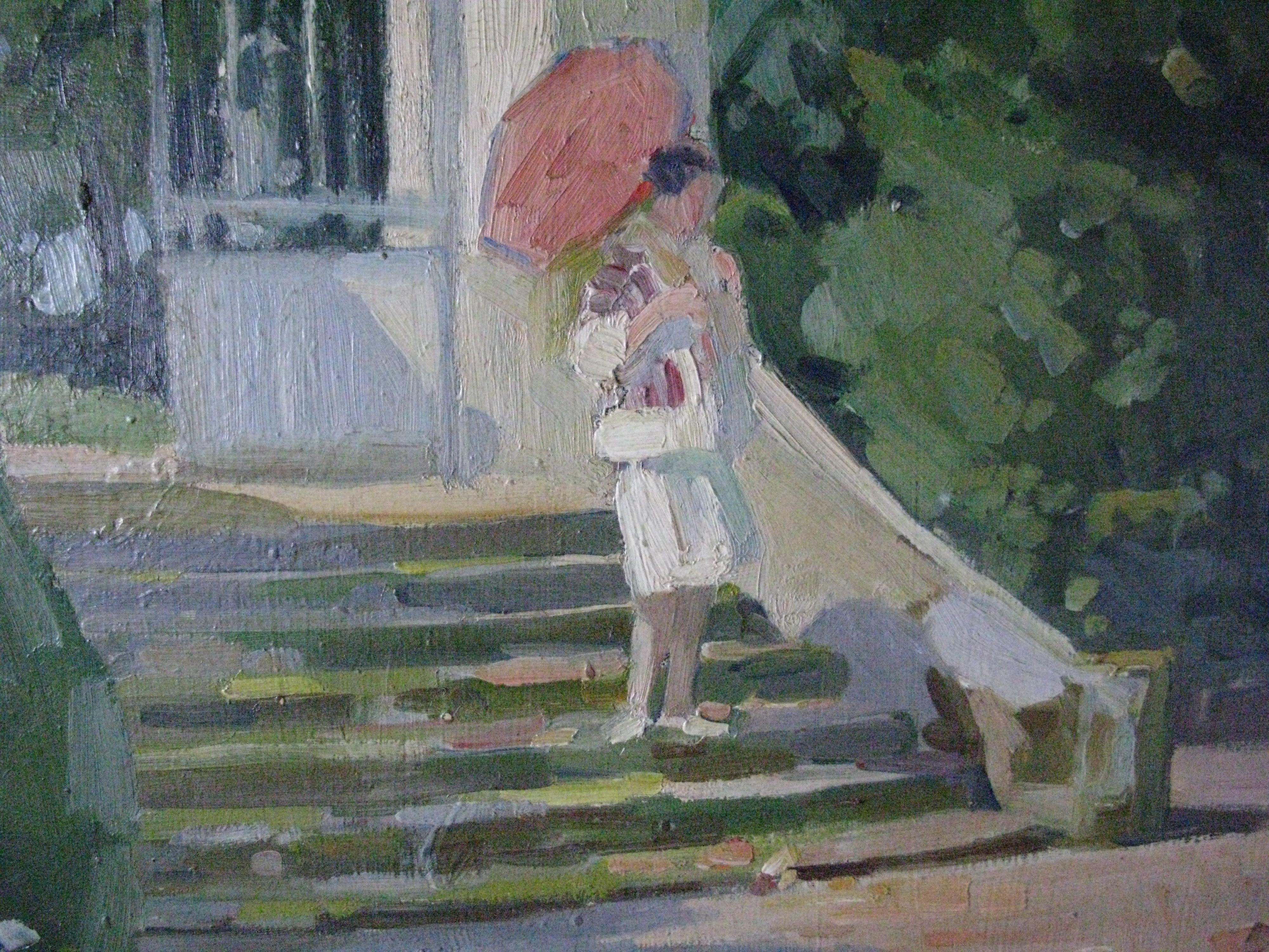 Figurative impressionist oil painting of a woman on steps with umbrella - Impressionist Painting by Henriette Bellair