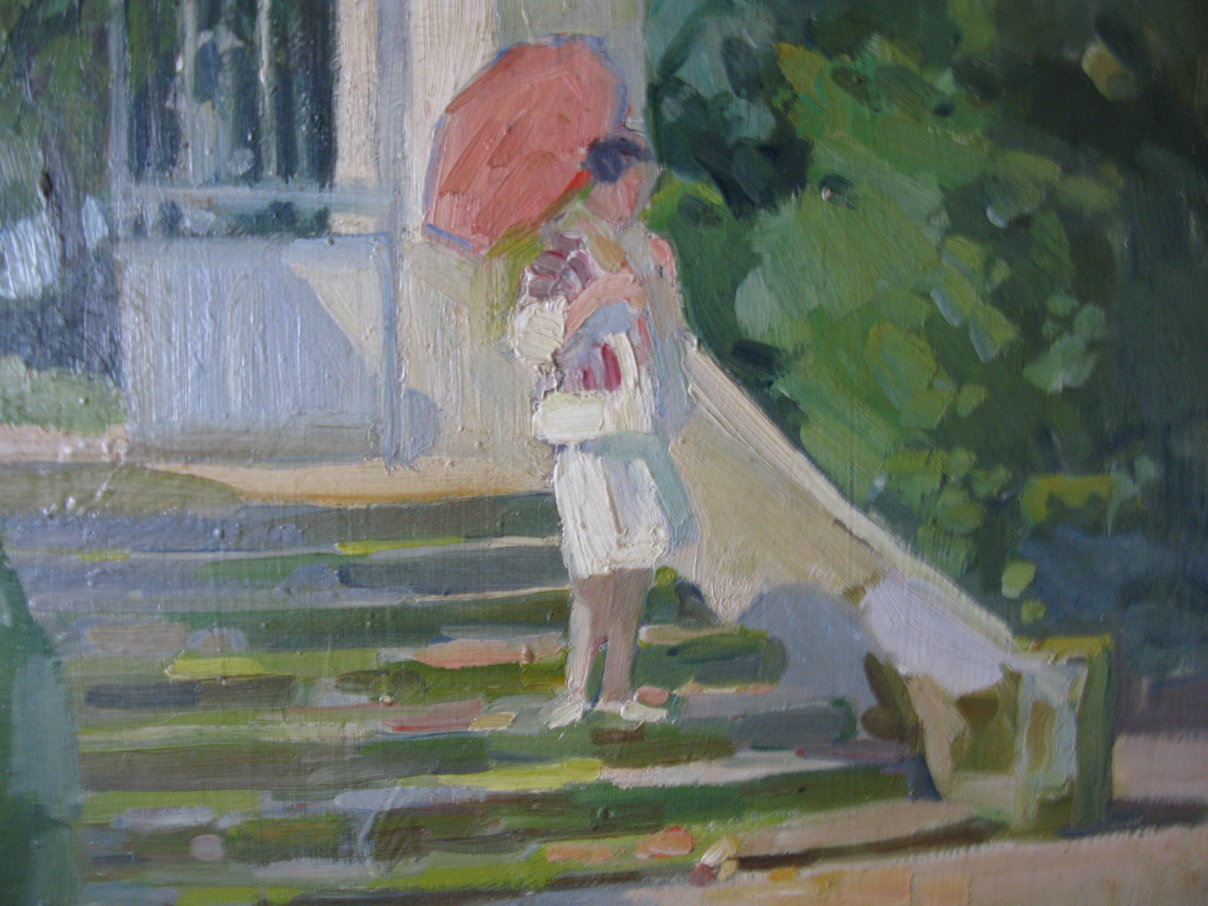 THE PARK ENTRANCE

Figurative oil painting on board in a gold frame by French artist, Henriette Bellair (1904 - 1963). 
Signed in the lower right corner. Unusual impressionist mid-century oil painting of a woman standing on steps leading to park