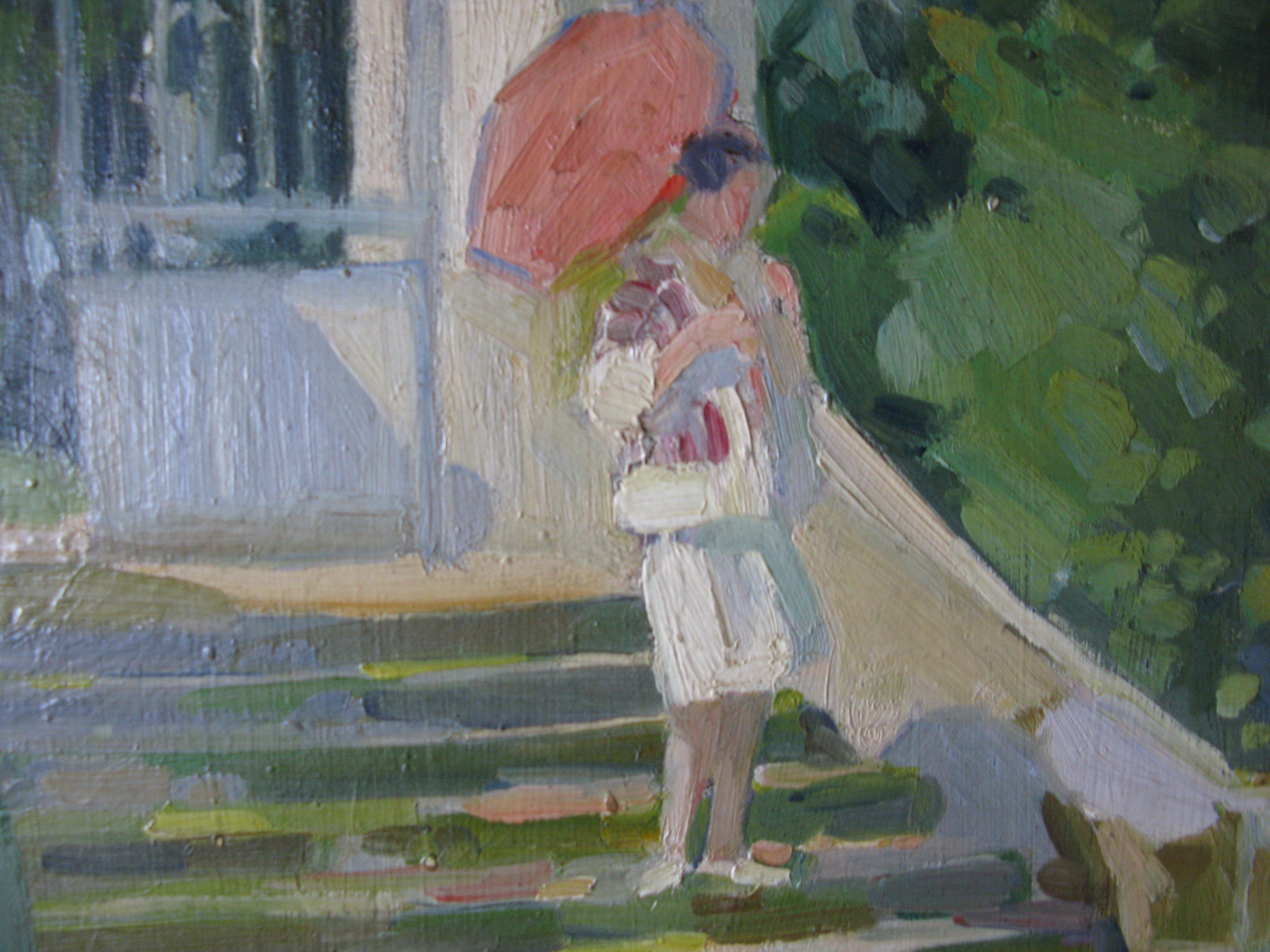 Figurative impressionist oil painting of a woman on steps with umbrella 1