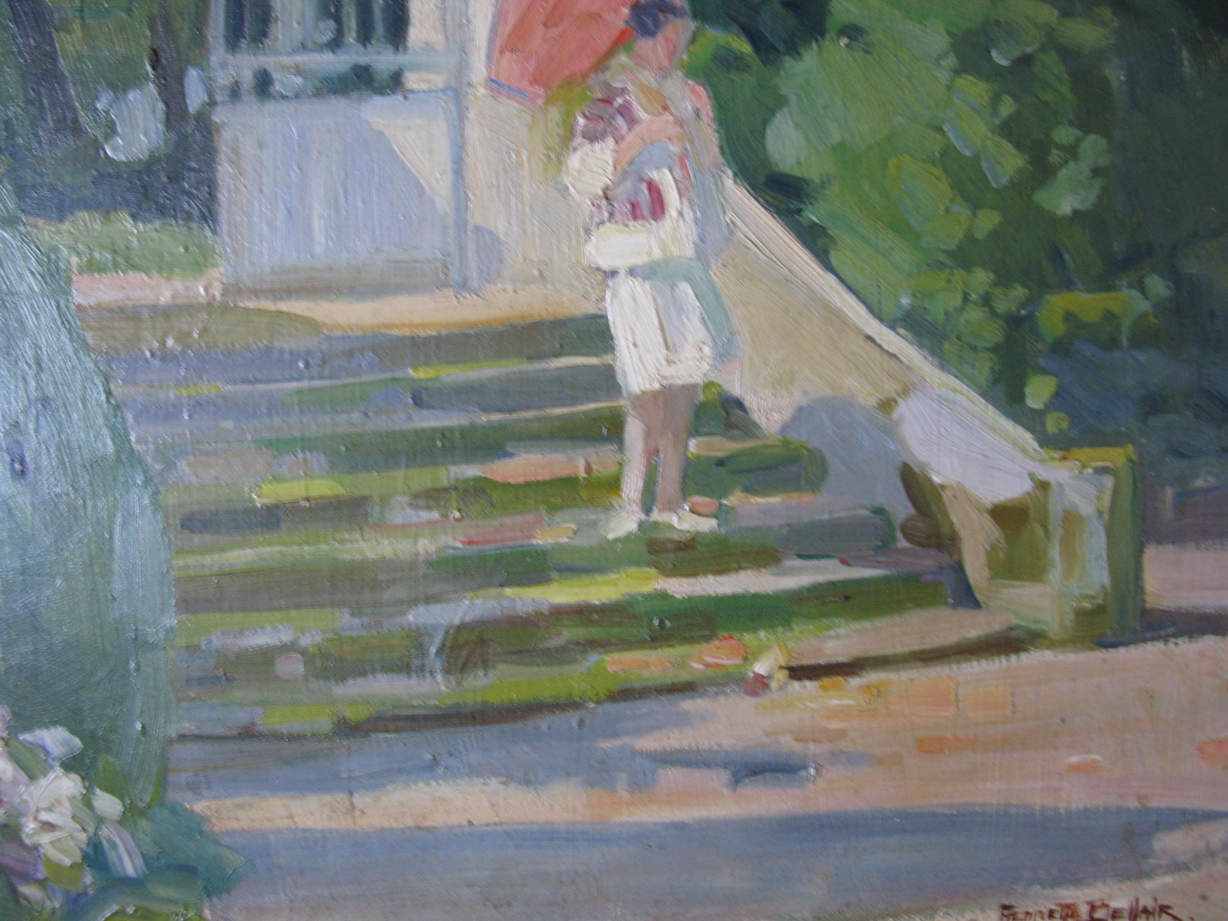 Figurative impressionist oil painting of a woman on steps with umbrella 2