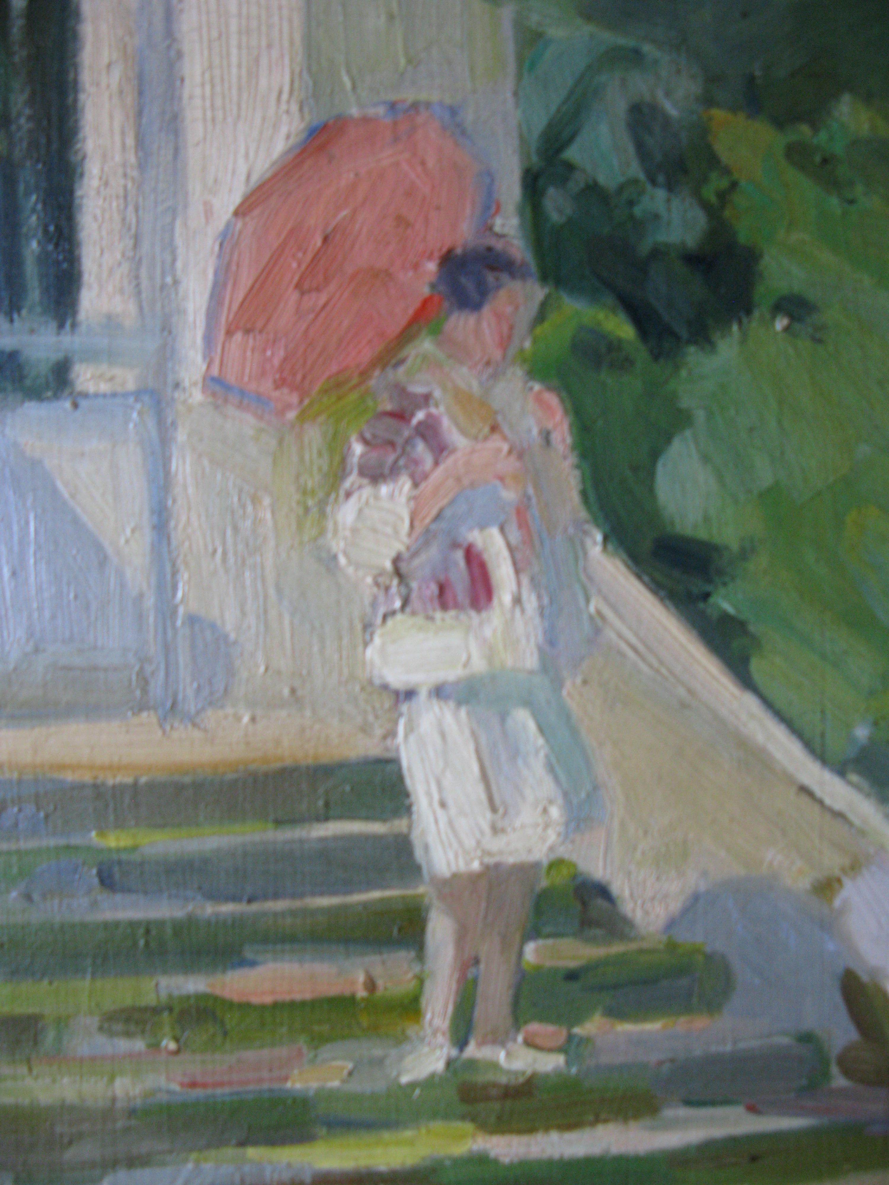 Figurative impressionist oil painting of a woman on steps with umbrella 3