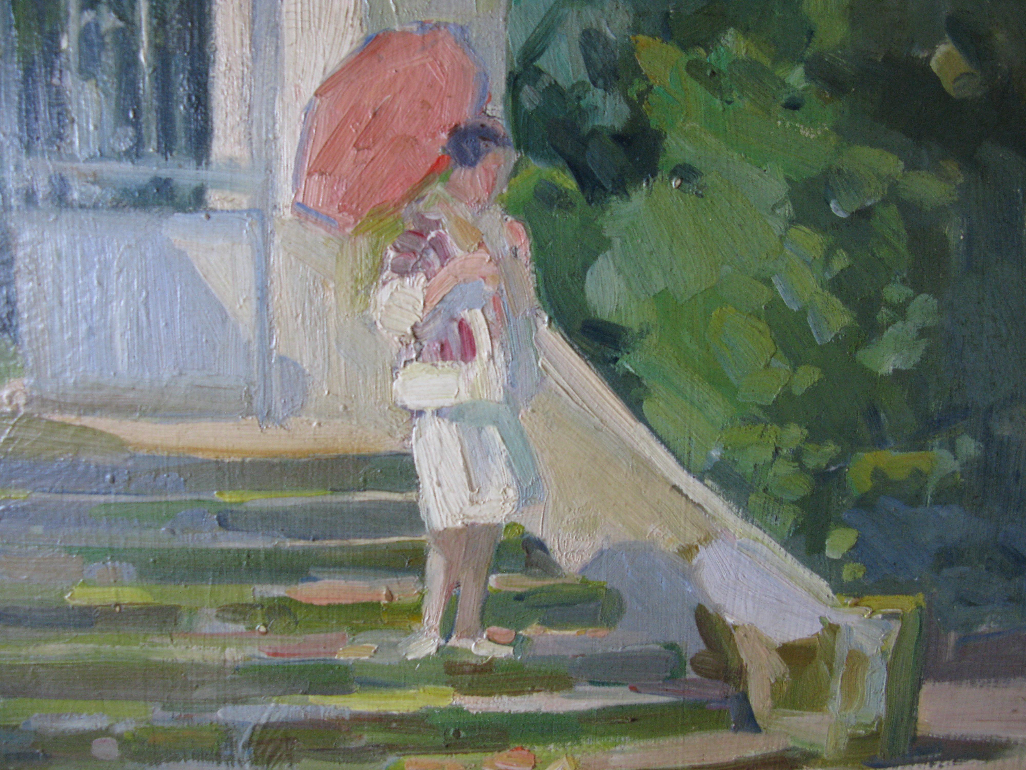 Figurative impressionist oil painting of a woman on steps with umbrella 4