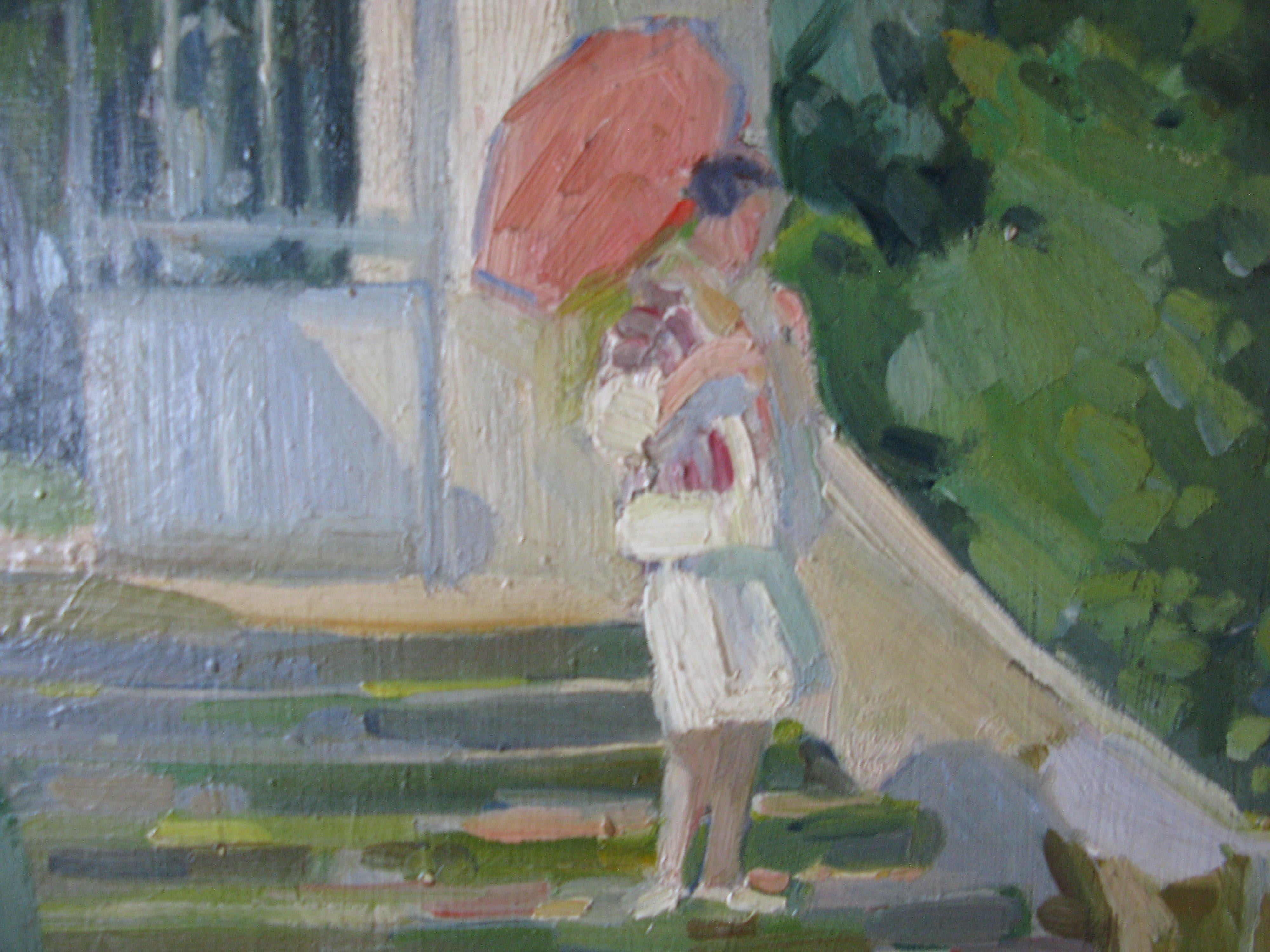Figurative impressionist oil painting of a woman on steps with umbrella 5