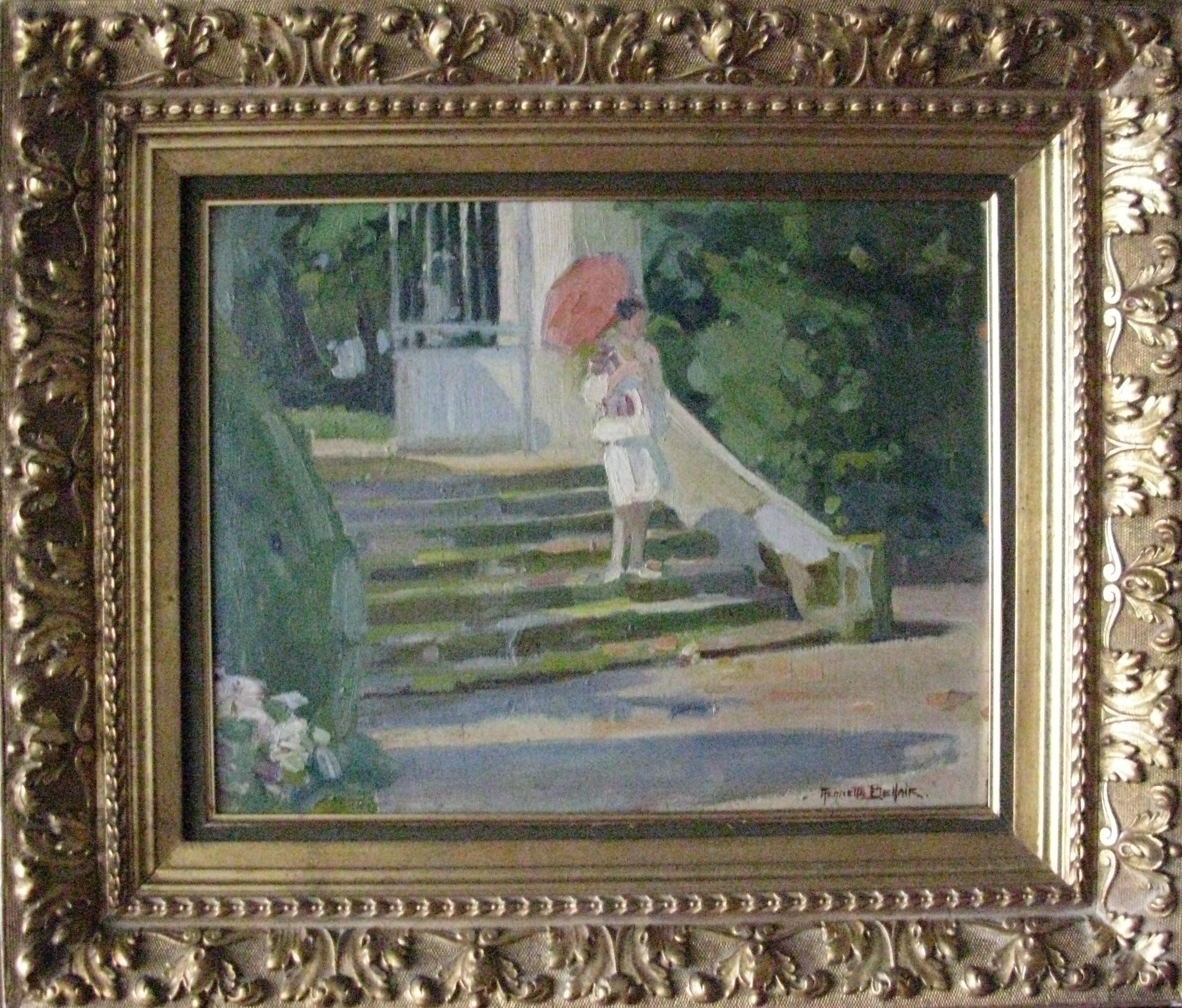 Henriette Bellair Landscape Painting - Figurative impressionist oil painting of a woman on steps with umbrella