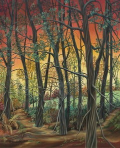"Forest", Deciduous Trees at Sunset Landscape Naive/Primitivist Acrylic Painting