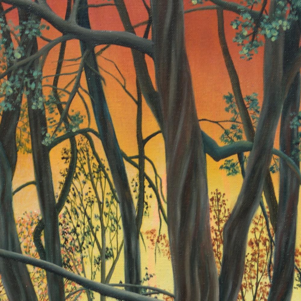This artwork depicts a forest of young deciduous trees at sunset, with a red sky visible through the branchs.

This artwork is framed with a nice molded frame.  Unframed dimensions : 61×50 cm.

Henriette Gorbitz is a naïve/primitive French artist,