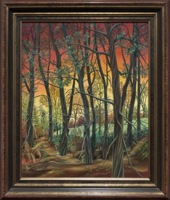 "Forest", Deciduous Trees at Sunset Landscape Naive/Primitivist Acrylic Painting