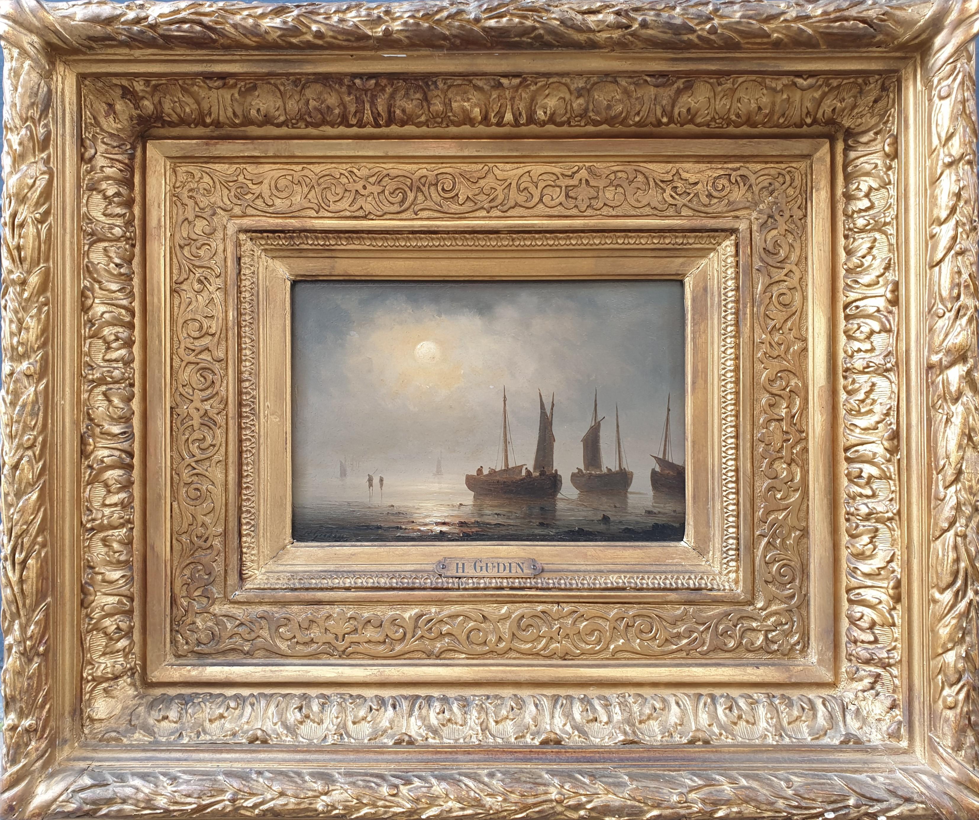 Henriette Gudin Landscape Painting - GUDIN Henriette Marine boats sea french romantic small panel 19th 