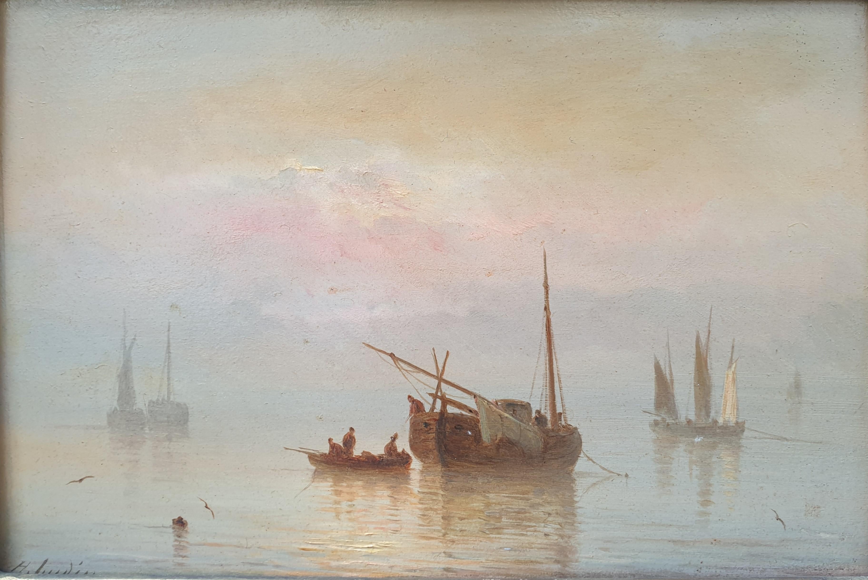 GUDIN Henriette Marine sunset boats sea romantic french 19th small panel  - Painting by Henriette Gudin