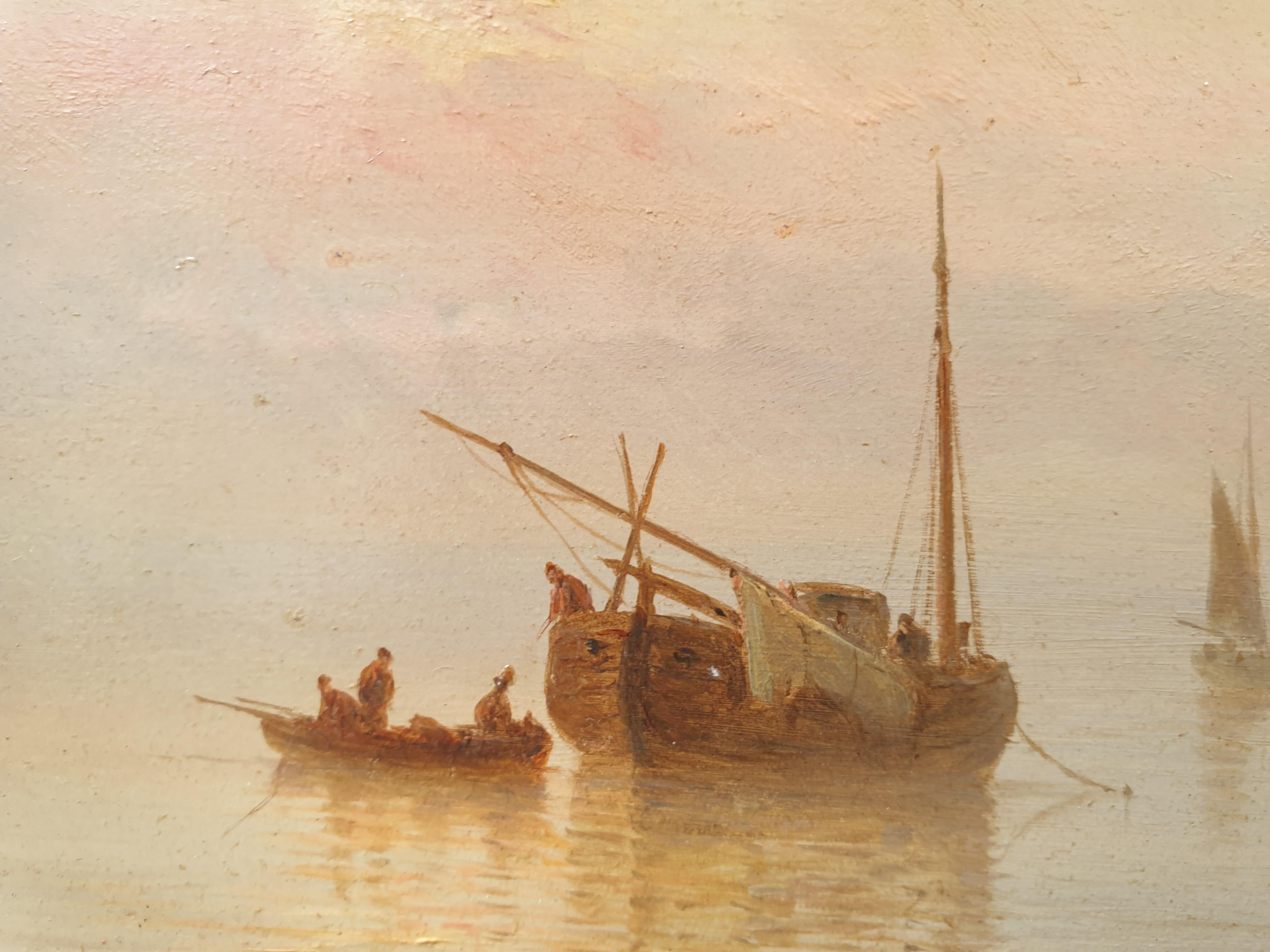 GUDIN Henriette Marine sunset boats sea romantic french 19th small panel  - Brown Landscape Painting by Henriette Gudin