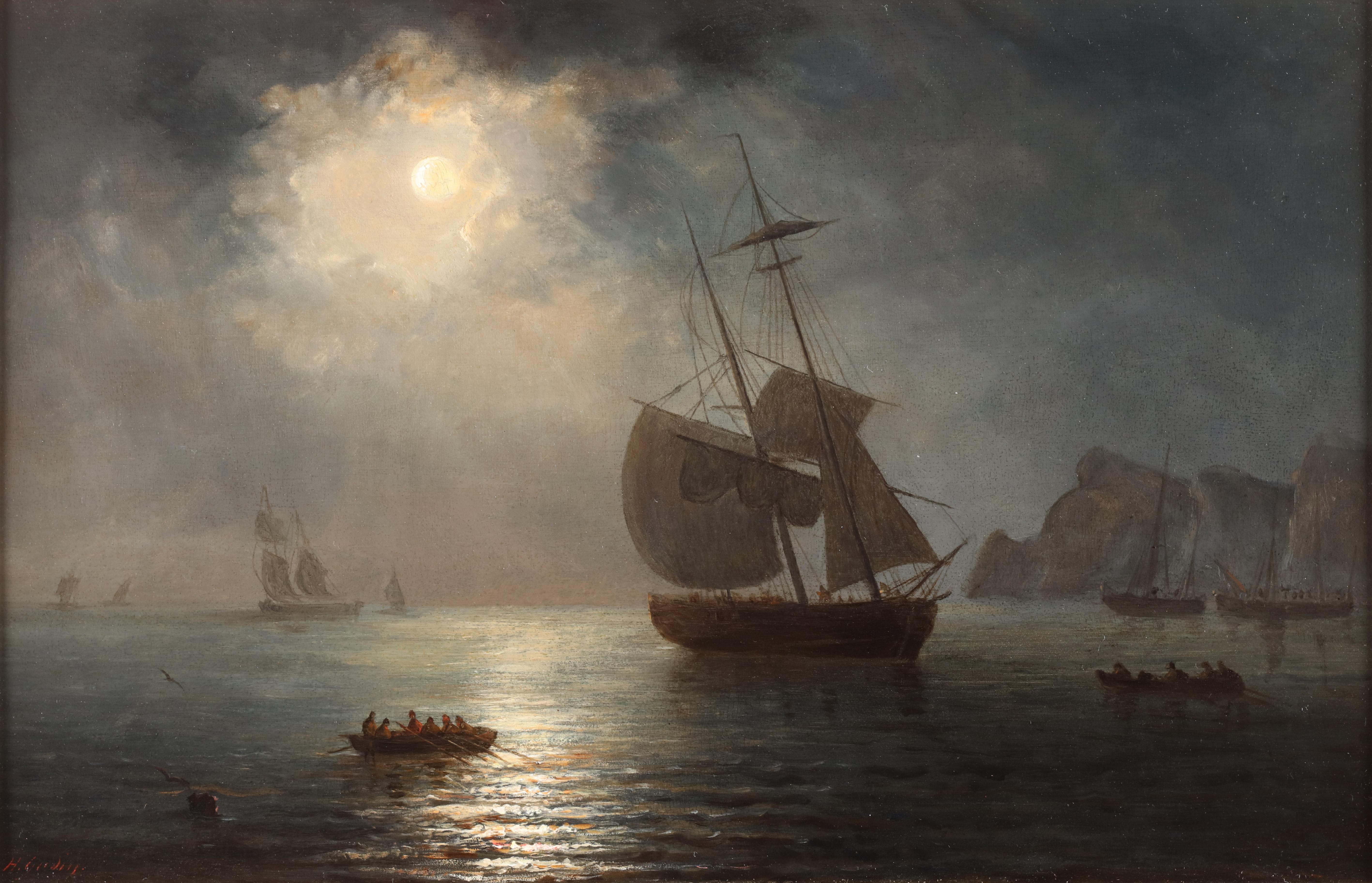 Oil on panel

Signed lower left: “H. Gudin.”

The light of the full moon falls through a broken cloud. The light is spread over the calm sea, where a large two-master with set sails is visible. Several small manned rowing boats are seen around it.