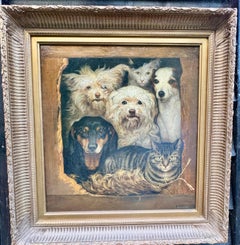 19th century Portrait of two cats, Fox terrier, Dachsound, Terrier, Maltese