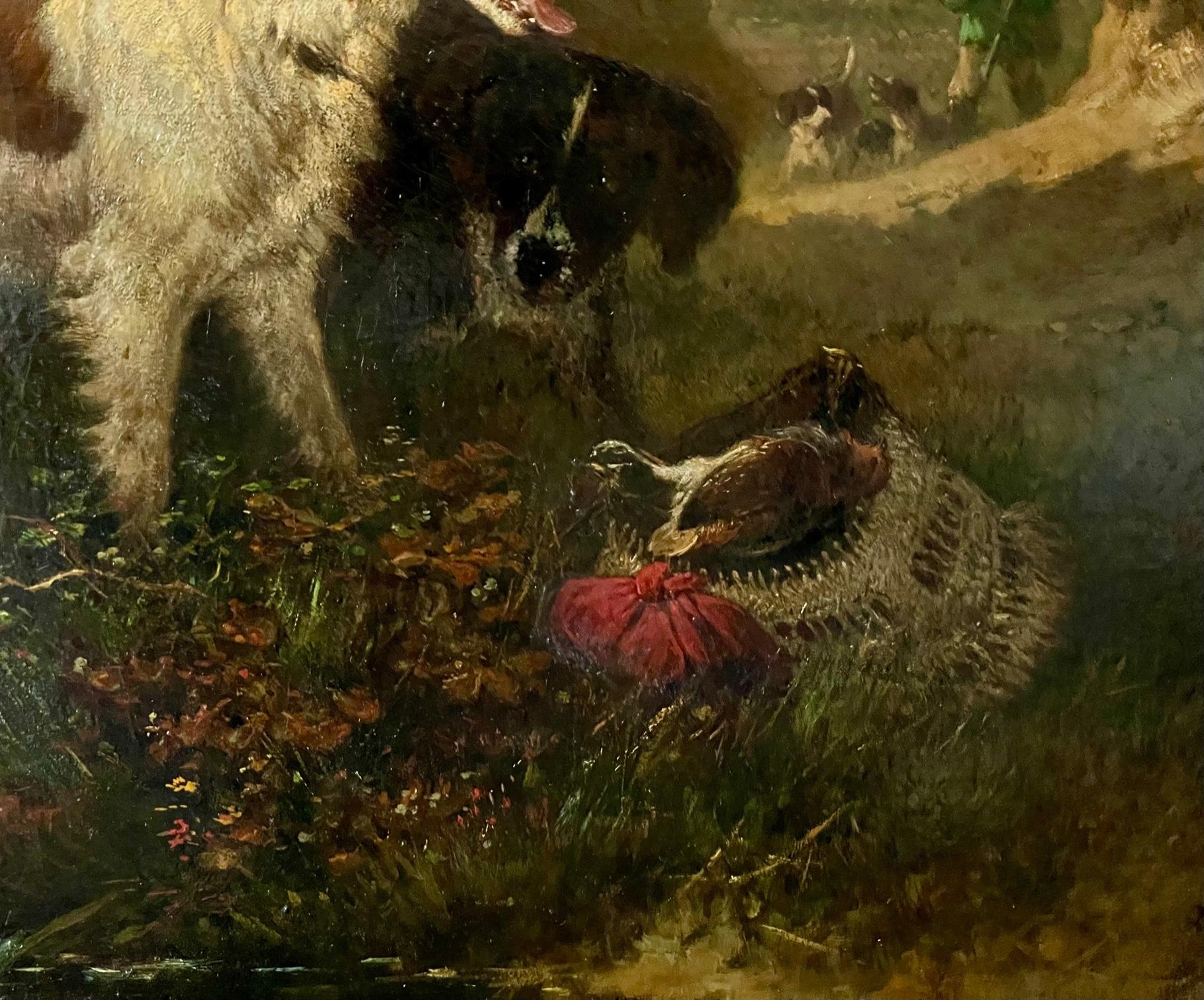 'After the Hunt' is a 19th century painting by Henriette Ronner-Knip (1821-1909) Dutch/Belgian artist known for fine paintings of cats and dogs.  This larger than usual scene expands her genre with landscape, red satchel and a figure with dogs in