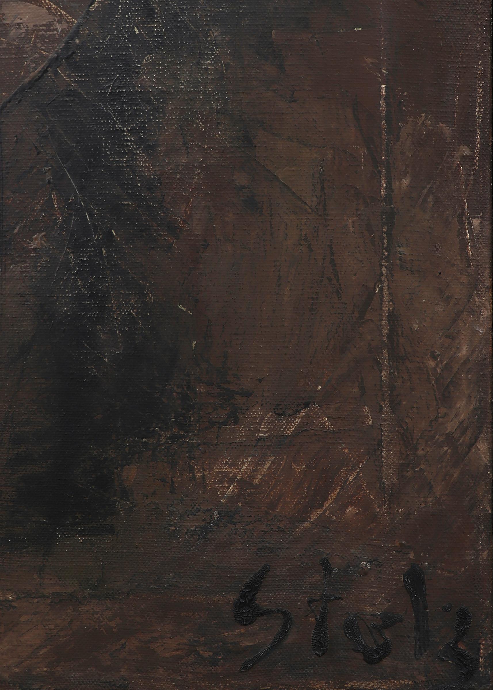 Abstrakte figurative Komposition aus den 1950er Jahren mit braunem, weißem und schwarzem Ölgemälde (Amerikanische Moderne), Painting, von Henriette 