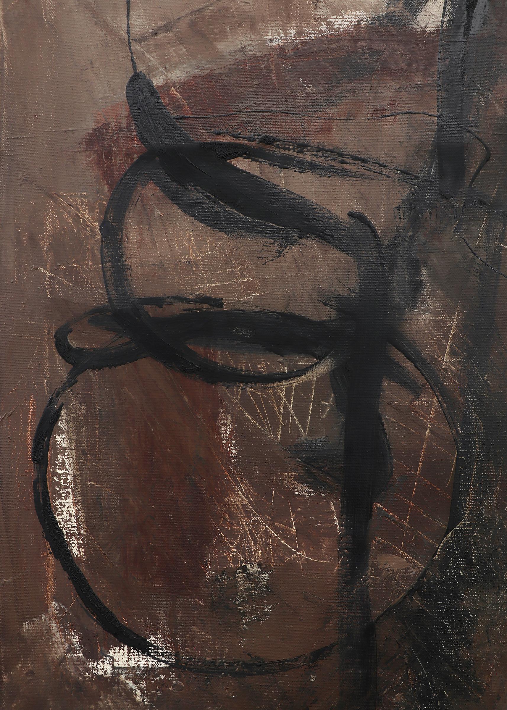 Abstrakte figurative Komposition aus den 1950er Jahren mit braunem, weißem und schwarzem Ölgemälde (Braun), Abstract Painting, von Henriette 
