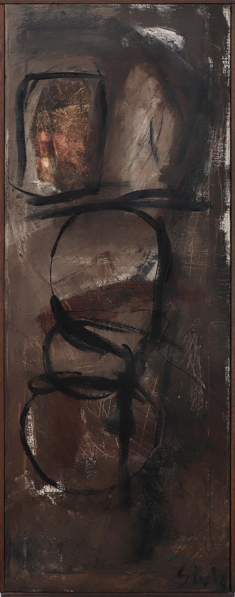 Composition figurative abstraite des années 1950 avec peinture à l'huile marron, blanche et noire