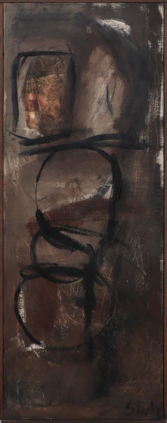 1950s Abstract Figurative Composition with Brown, White, and Black, Oil Painting