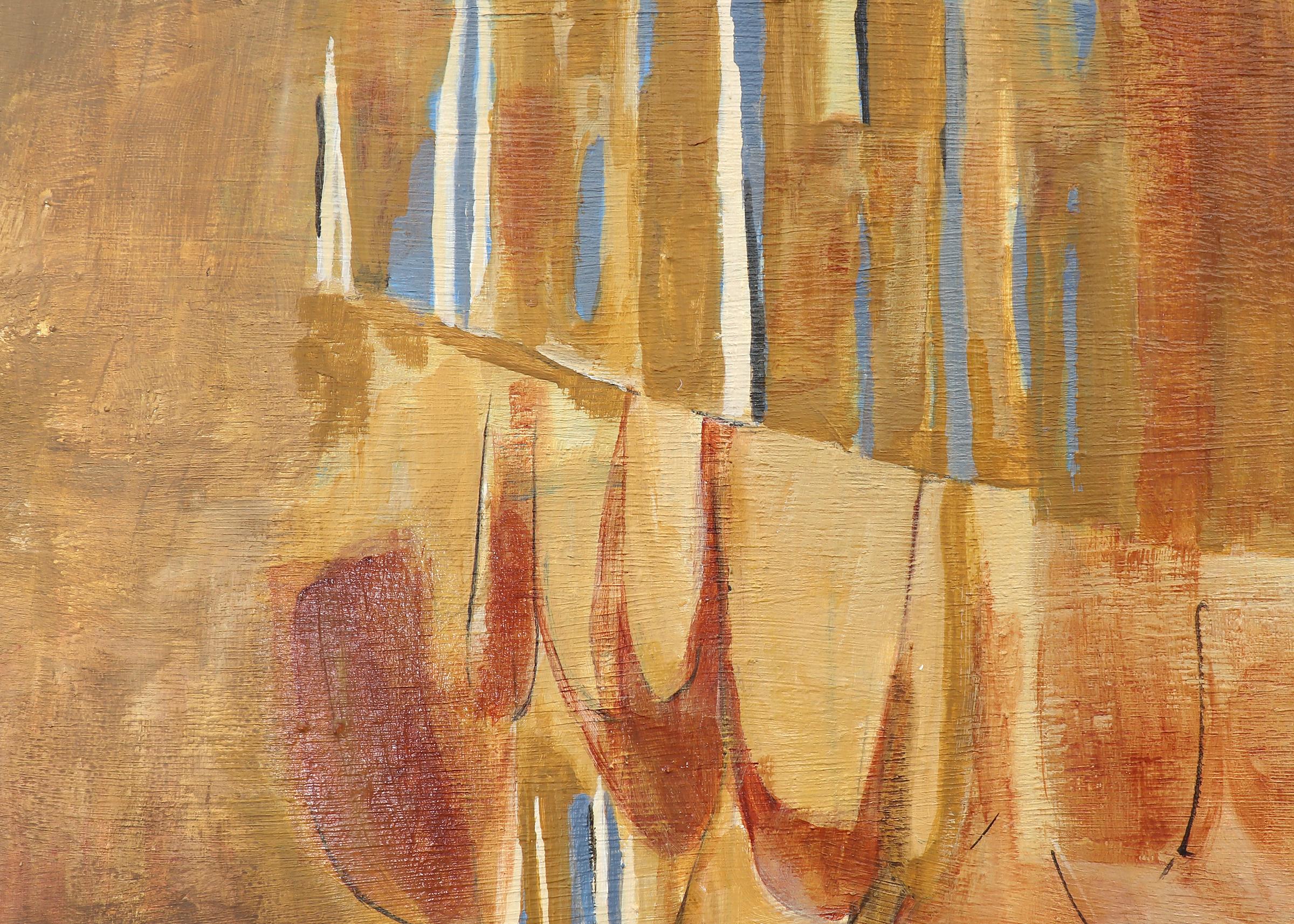 American Modernist Abstrakte Landschaft Ölgemälde von Bäumen, Gelb Orange Blau (Braun), Abstract Painting, von Henriette 