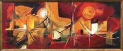 Großes abstraktes Ölgemälde einer Stadtlandschaft, Mid-Century Modern, Rot, Schwarz und Gold