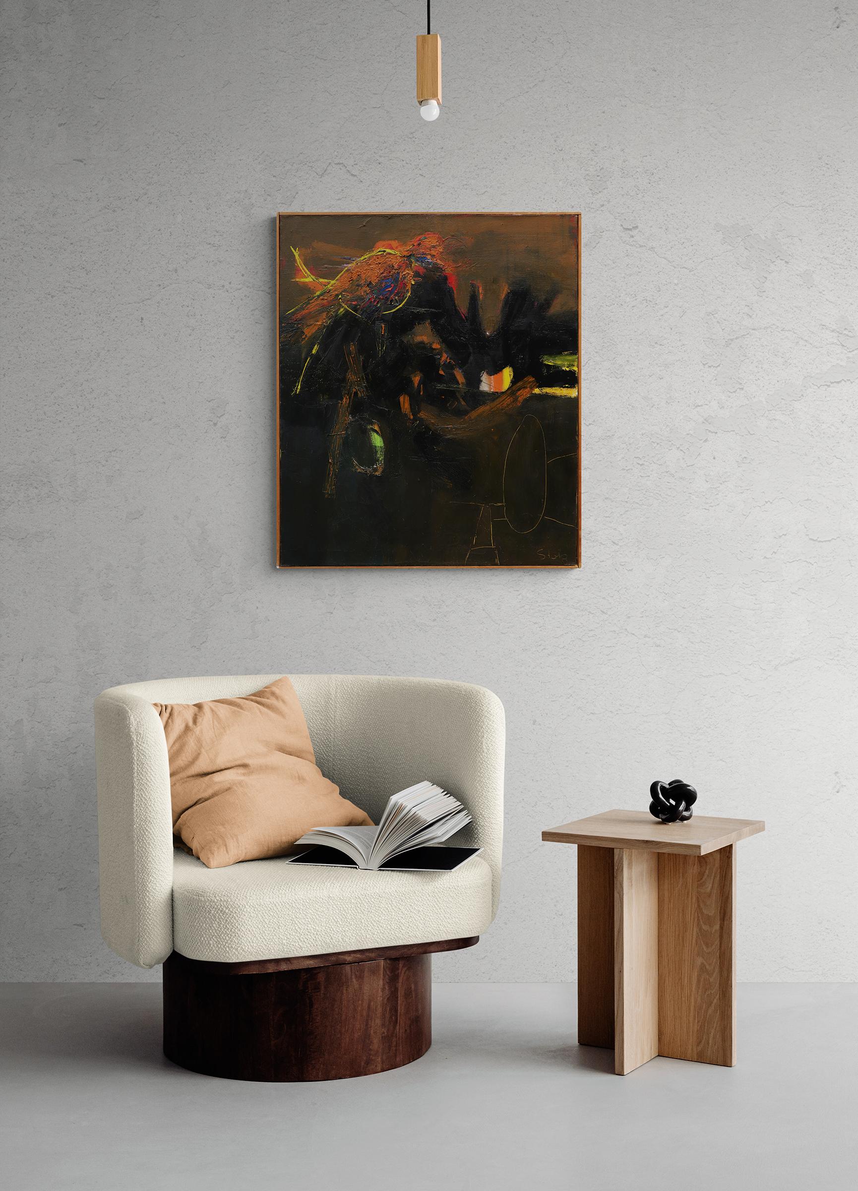 Abstraktes Vogel-Ölgemälde aus der Jahrhundertmitte in Gelb, Orange, Grün und Schwarz im Angebot 9