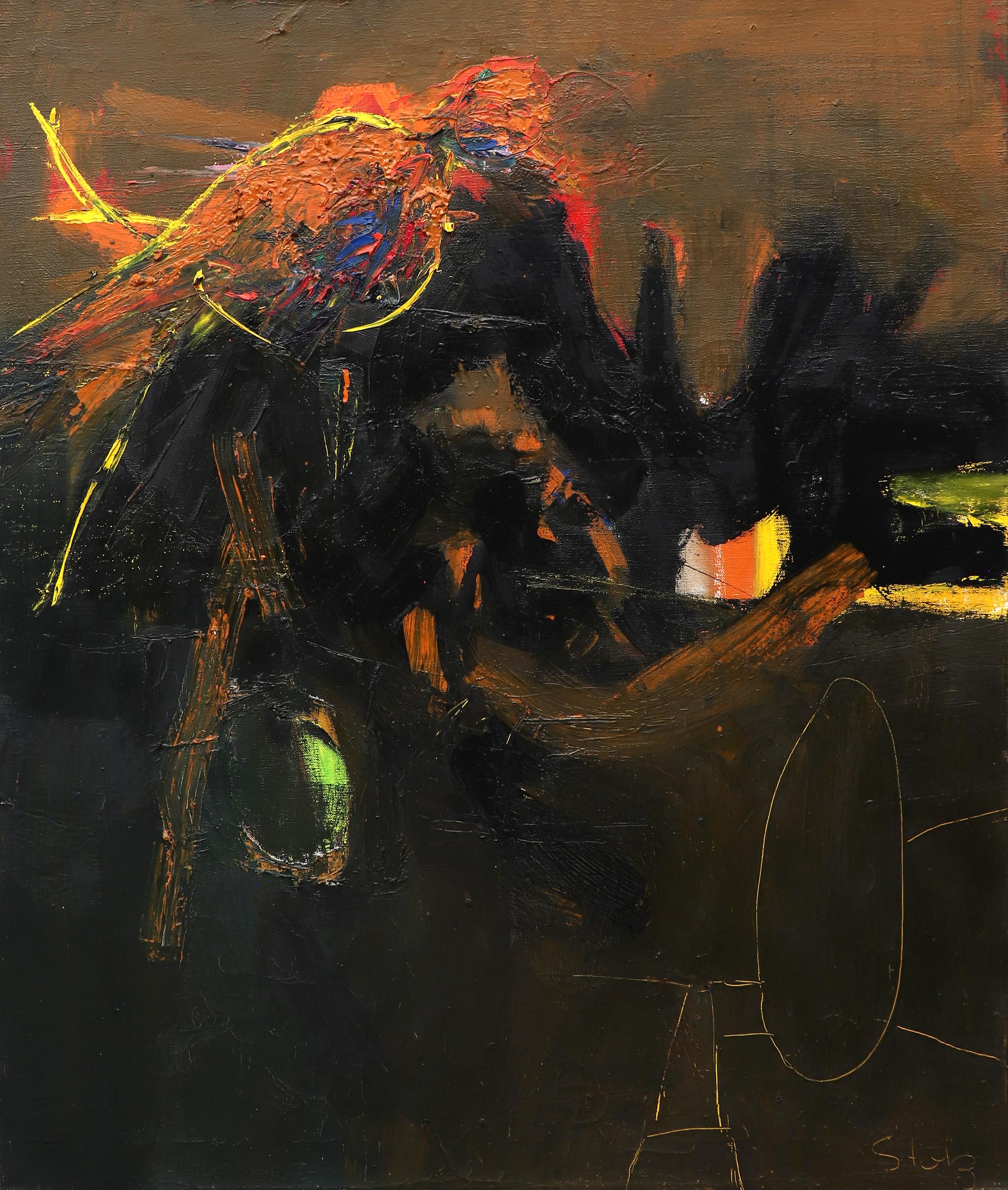 Peinture à l'huile - Oiseau abstrait du milieu du siècle dernier en jaune, orange, vert, bleu et noir - Painting de Henriette 