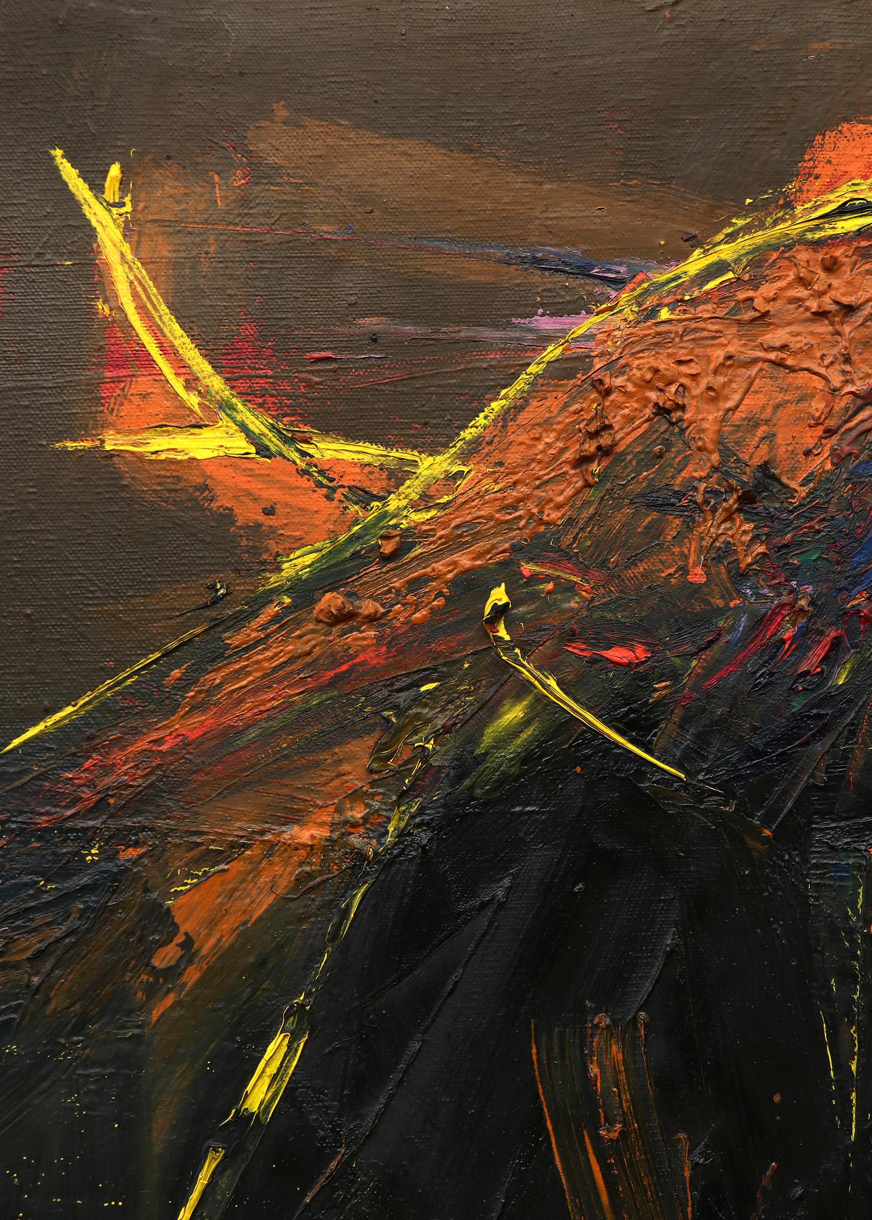 Peinture à l'huile - Oiseau abstrait du milieu du siècle dernier en jaune, orange, vert, bleu et noir en vente 1