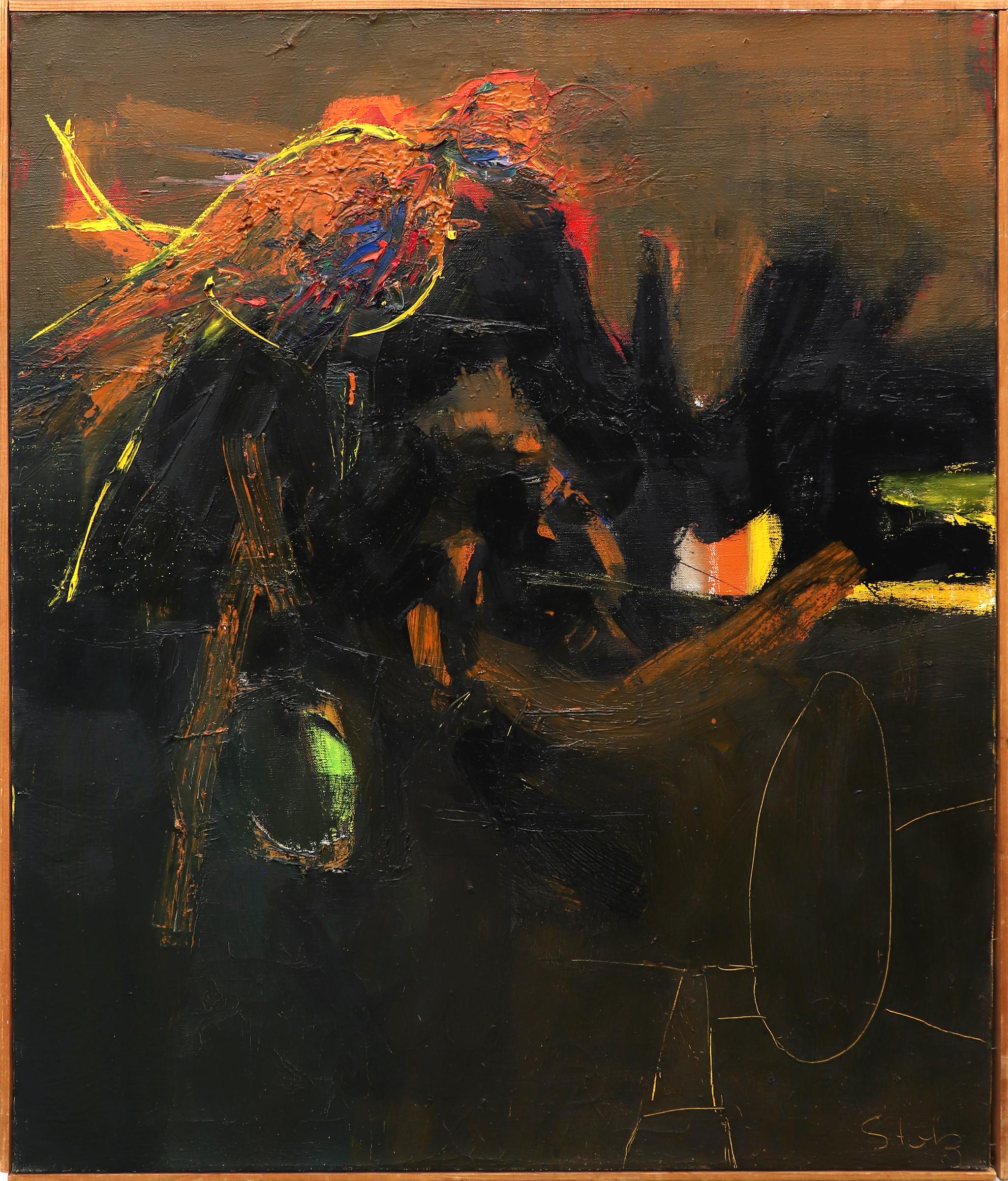 Henriette "Yetti" Stolz Animal Painting - Mid Century Abstract Bird in Yellow, Orange, Green Blue and Black, Oil Painting