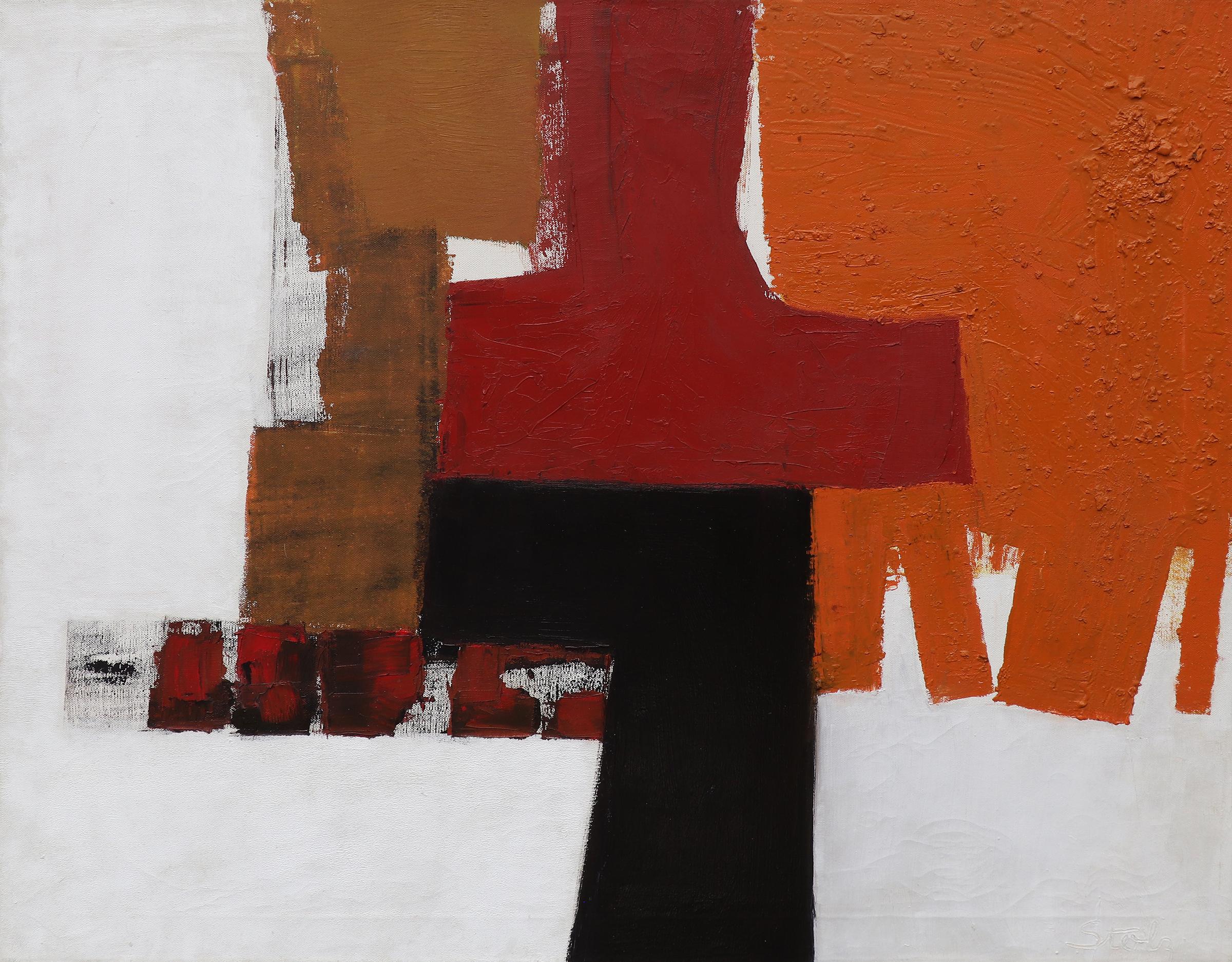 Henriette "Yetti" Stolz Abstract Painting - Mid Century Abstract in Orange, Red, Brown, White and Black, Oil Painting