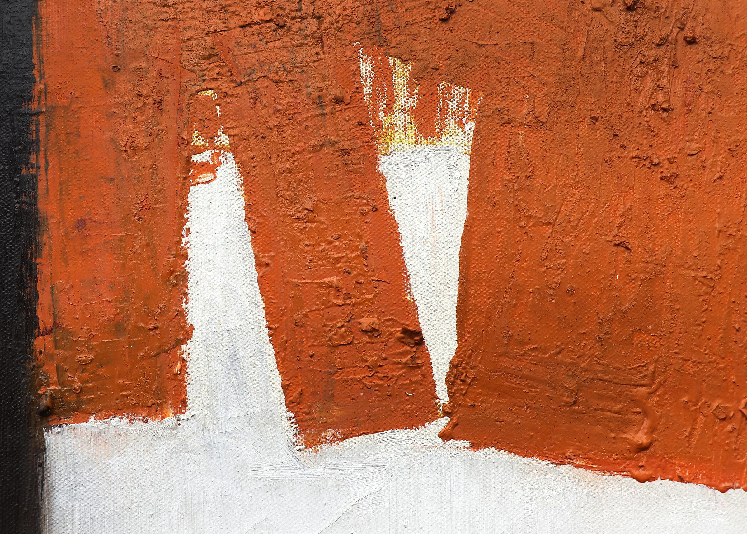 Mid Century Abstract in Orange, Red, Brown, White and Black, Oil Painting For Sale 1