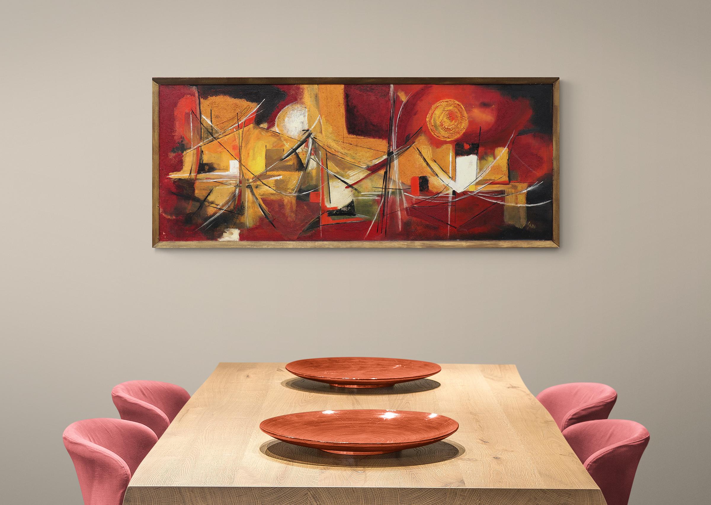 Mid Century Modern Abstracted Cityscape Oil Painting, American Modern, Red Black For Sale 5