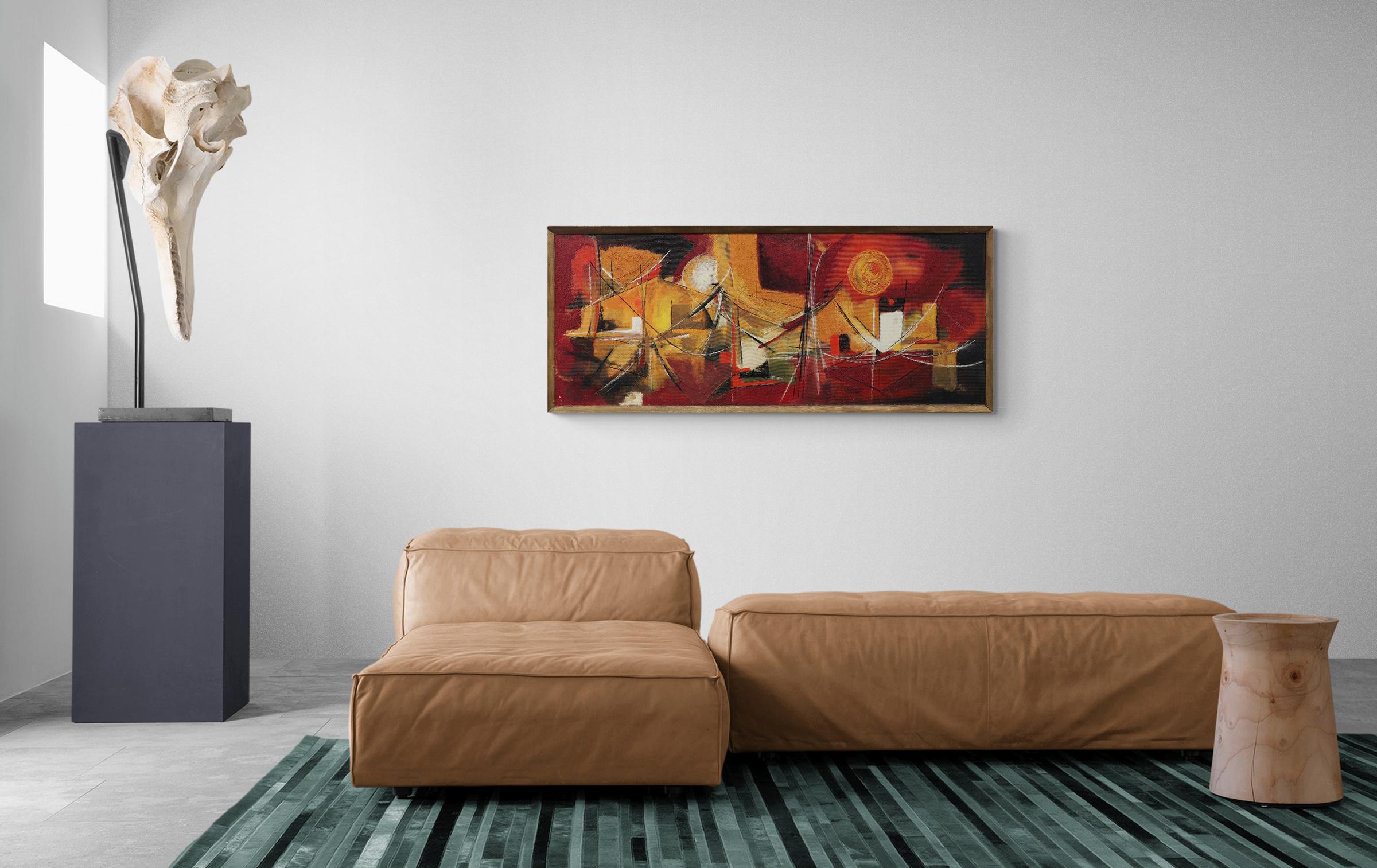 Mid Century Modern Abstracted Cityscape Oil Painting, American Modern, Red Black For Sale 8