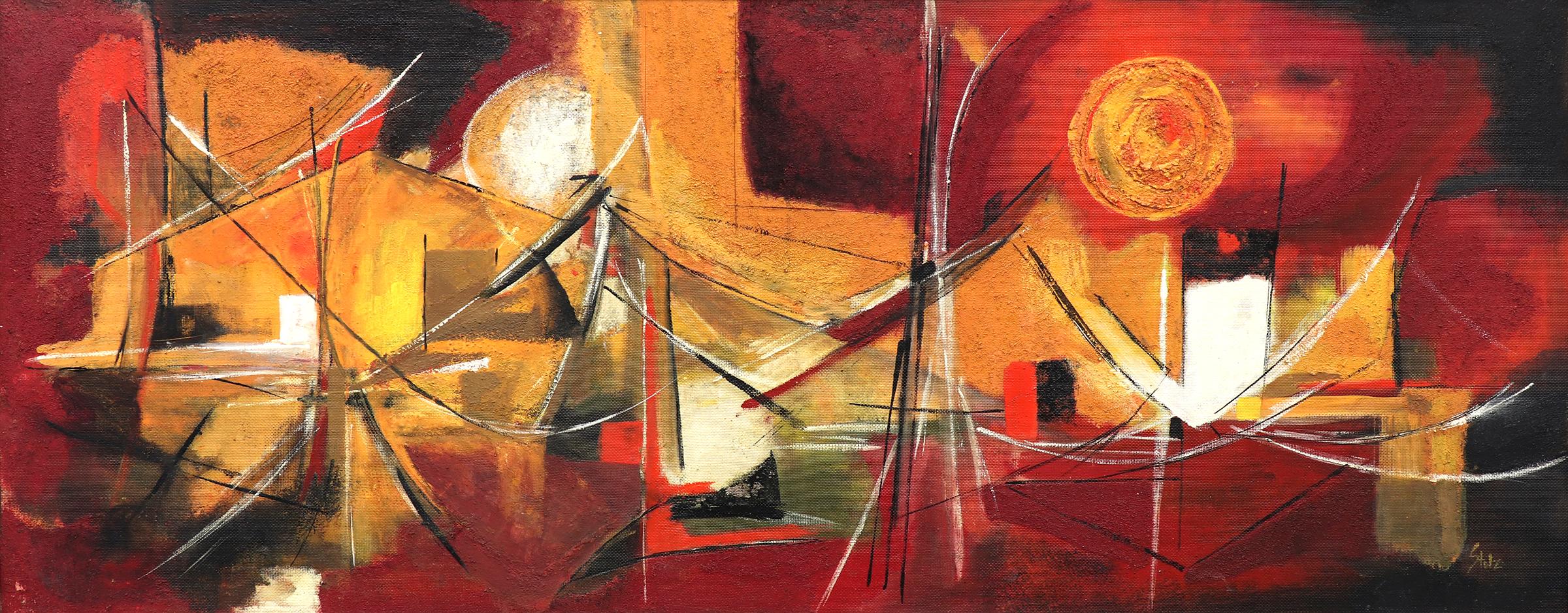 Peinture à l'huile - Paysage urbain abstrait moderne du milieu du siècle, moderne américain, rouge et noir - Painting de Henriette 