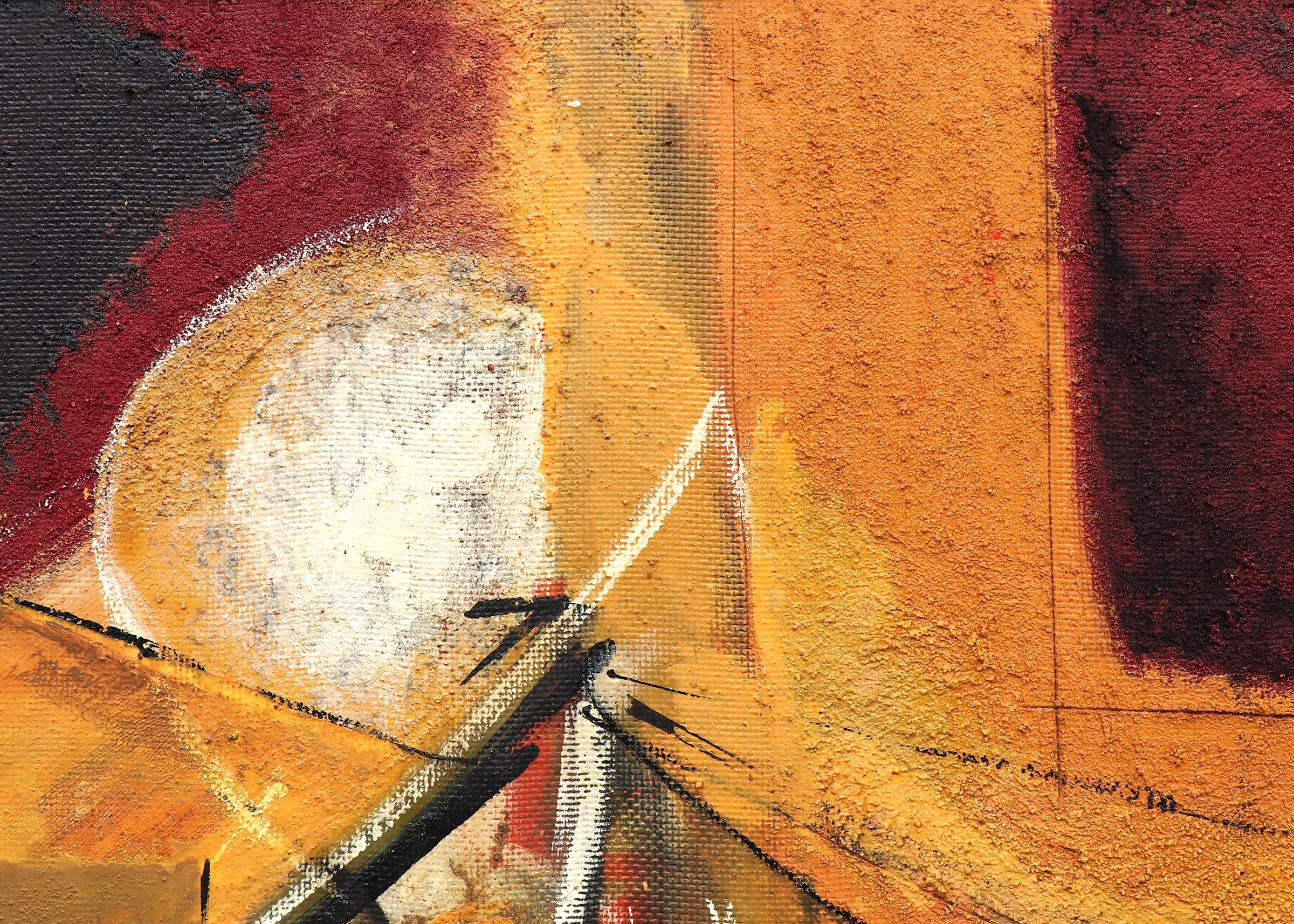 Peinture à l'huile - Paysage urbain abstrait moderne du milieu du siècle, moderne américain, rouge et noir - Marron Abstract Painting par Henriette 