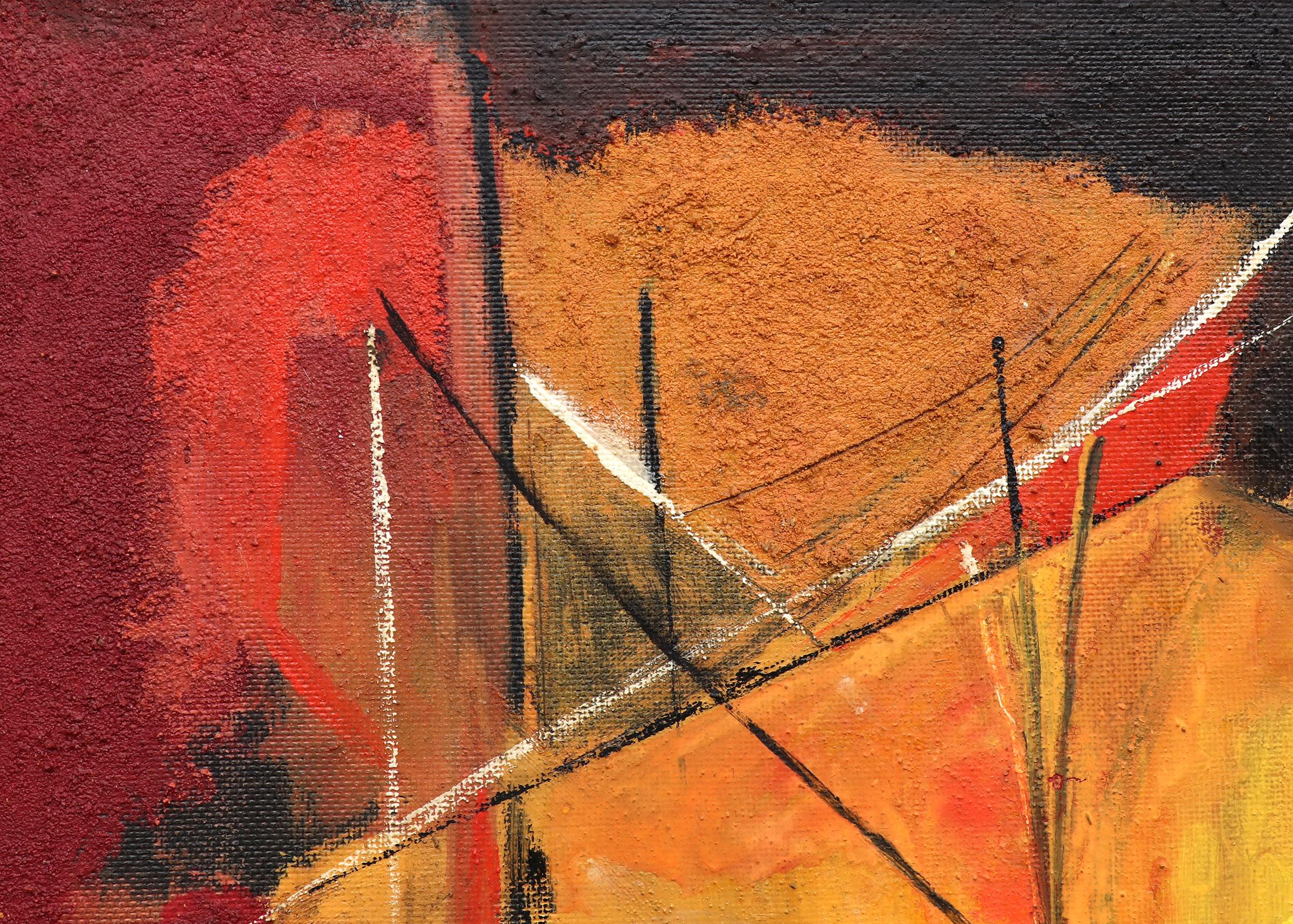 Peinture à l'huile et au mastic du milieu du 20e siècle représentant un paysage urbain abstrait avec un pont et des bâtiments par Henriette 