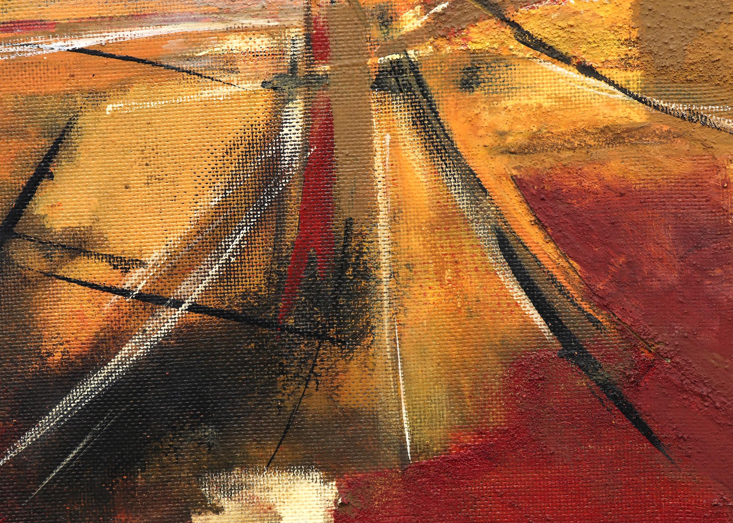 Peinture à l'huile - Paysage urbain abstrait moderne du milieu du siècle, moderne américain, rouge et noir en vente 1