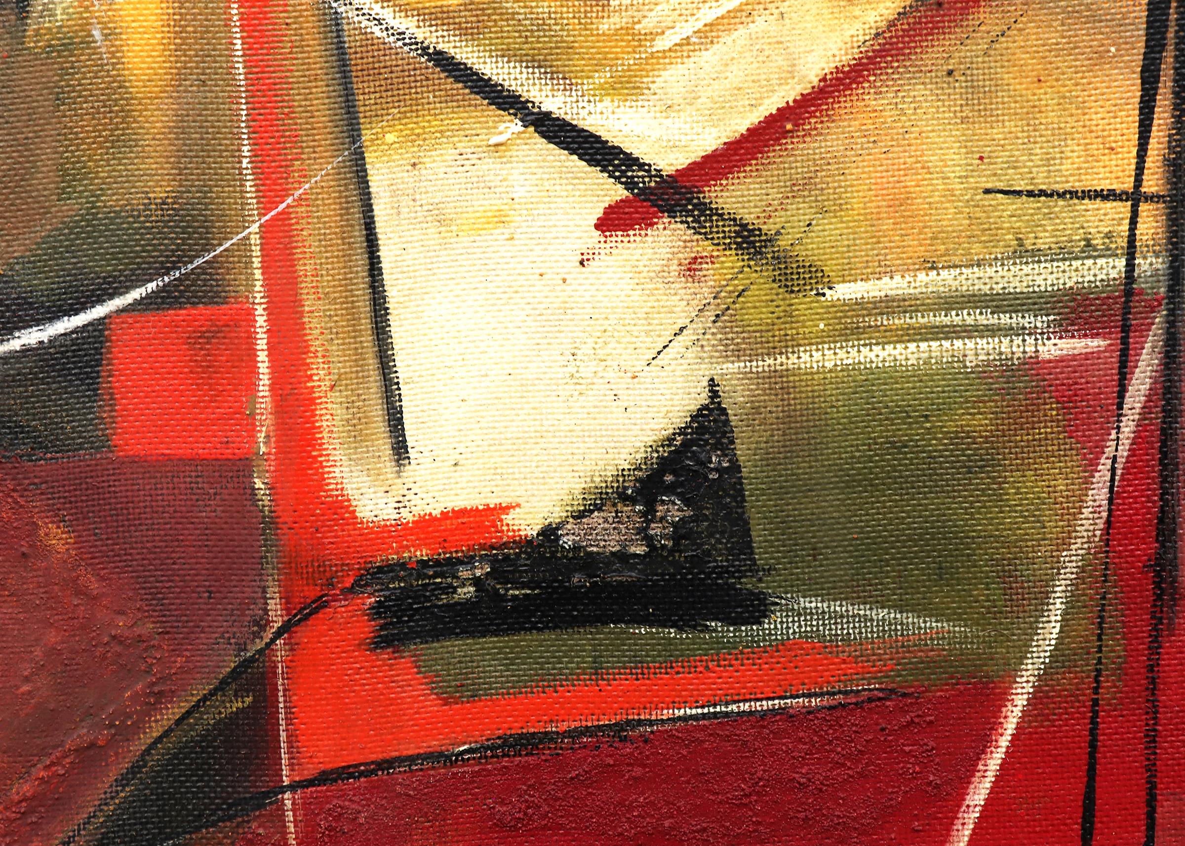 Peinture à l'huile - Paysage urbain abstrait moderne du milieu du siècle, moderne américain, rouge et noir en vente 2