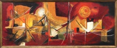 Mid Century Modern Abstracted Cityscape Oil Painting, American Modern, Red Black