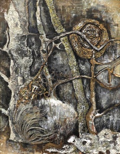 Modernist Abstract Winter Landscape Textured Oil Painting, Gray Brown, White