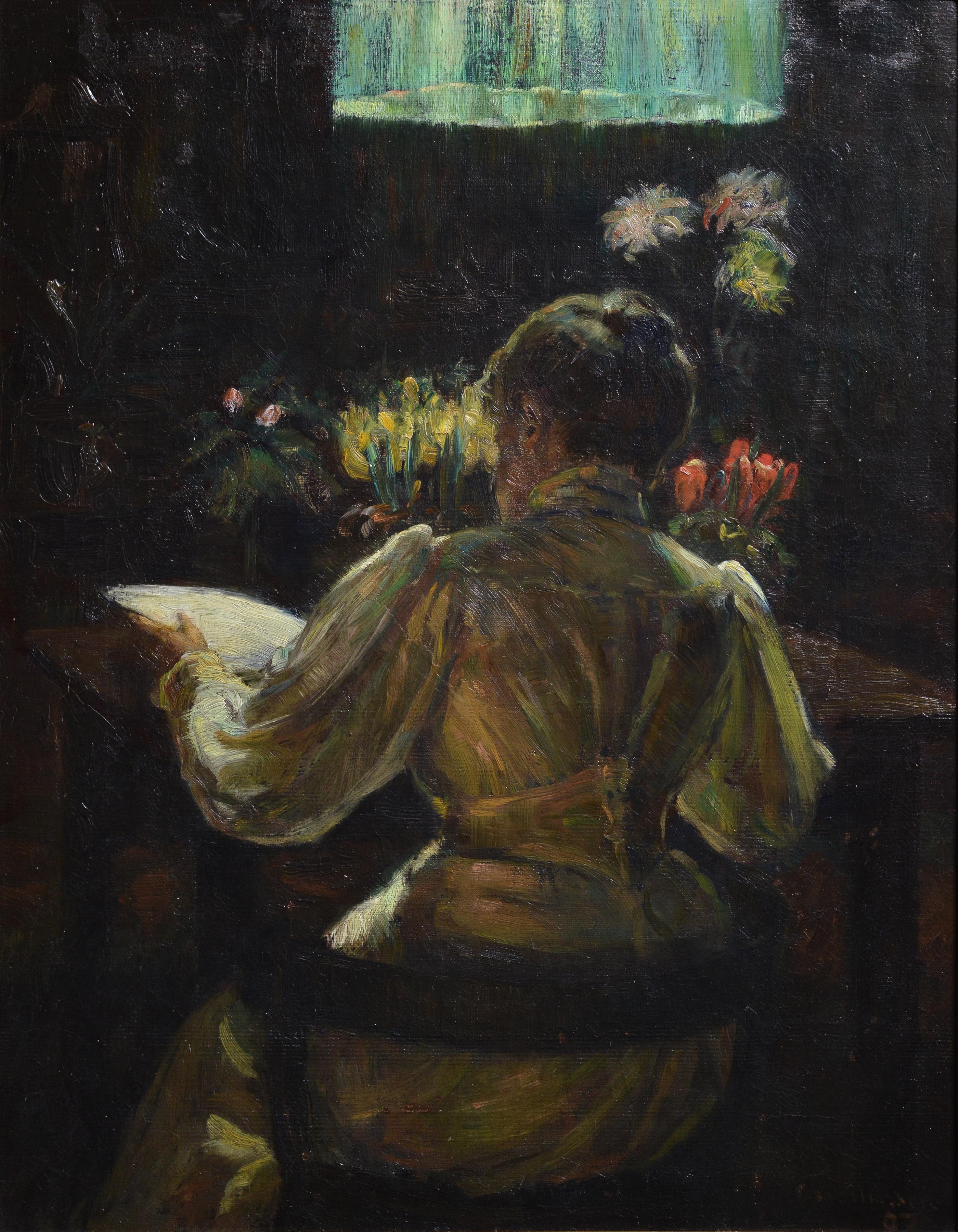 Homey Scene with Flowers and Lady Reading 1897 Norwegisches Ölgemälde  – Painting von Henrik Asor Hansen