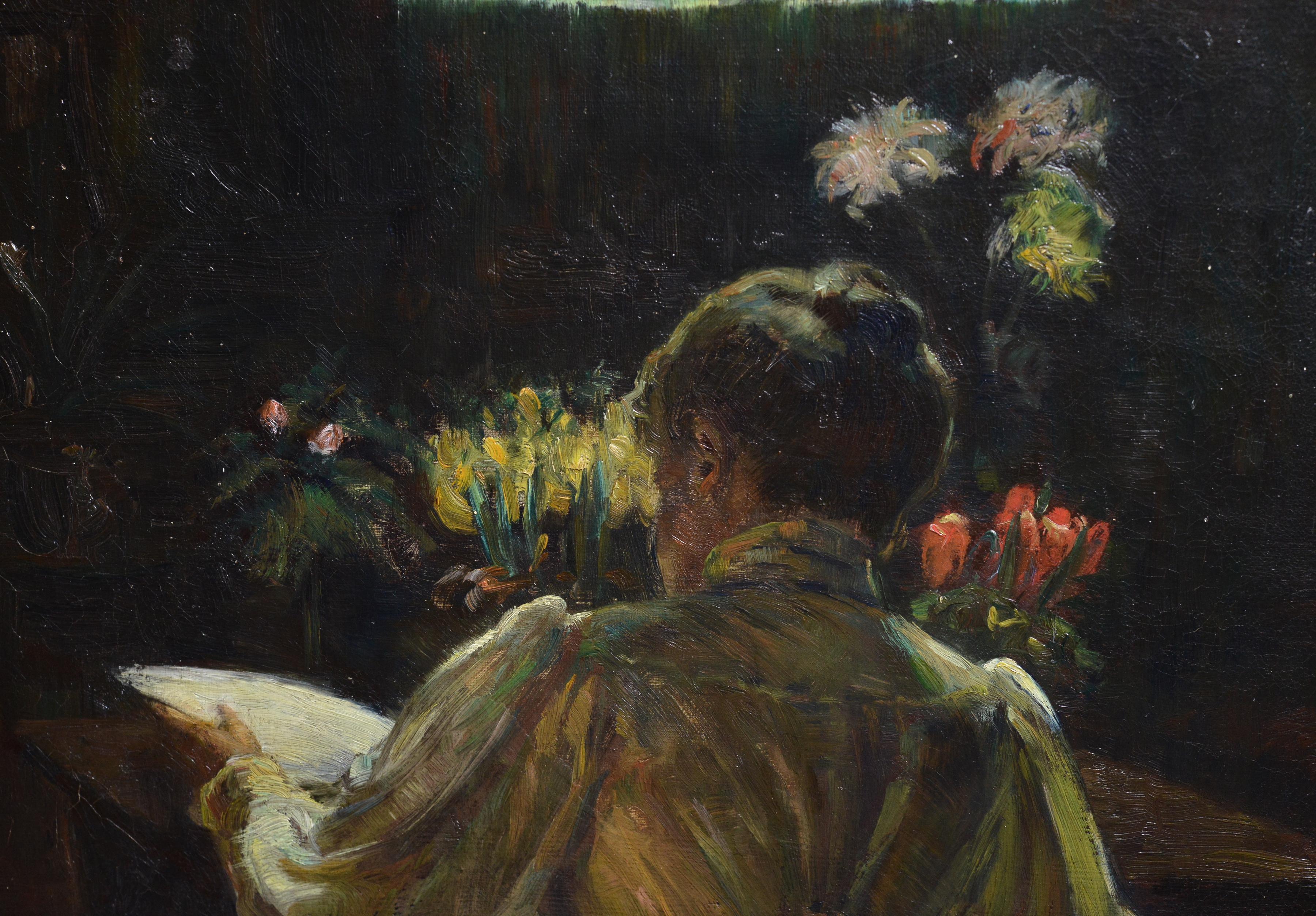 Homey Scene with Flowers and Lady Reading 1897 Norwegisches Ölgemälde  (Realismus), Painting, von Henrik Asor Hansen