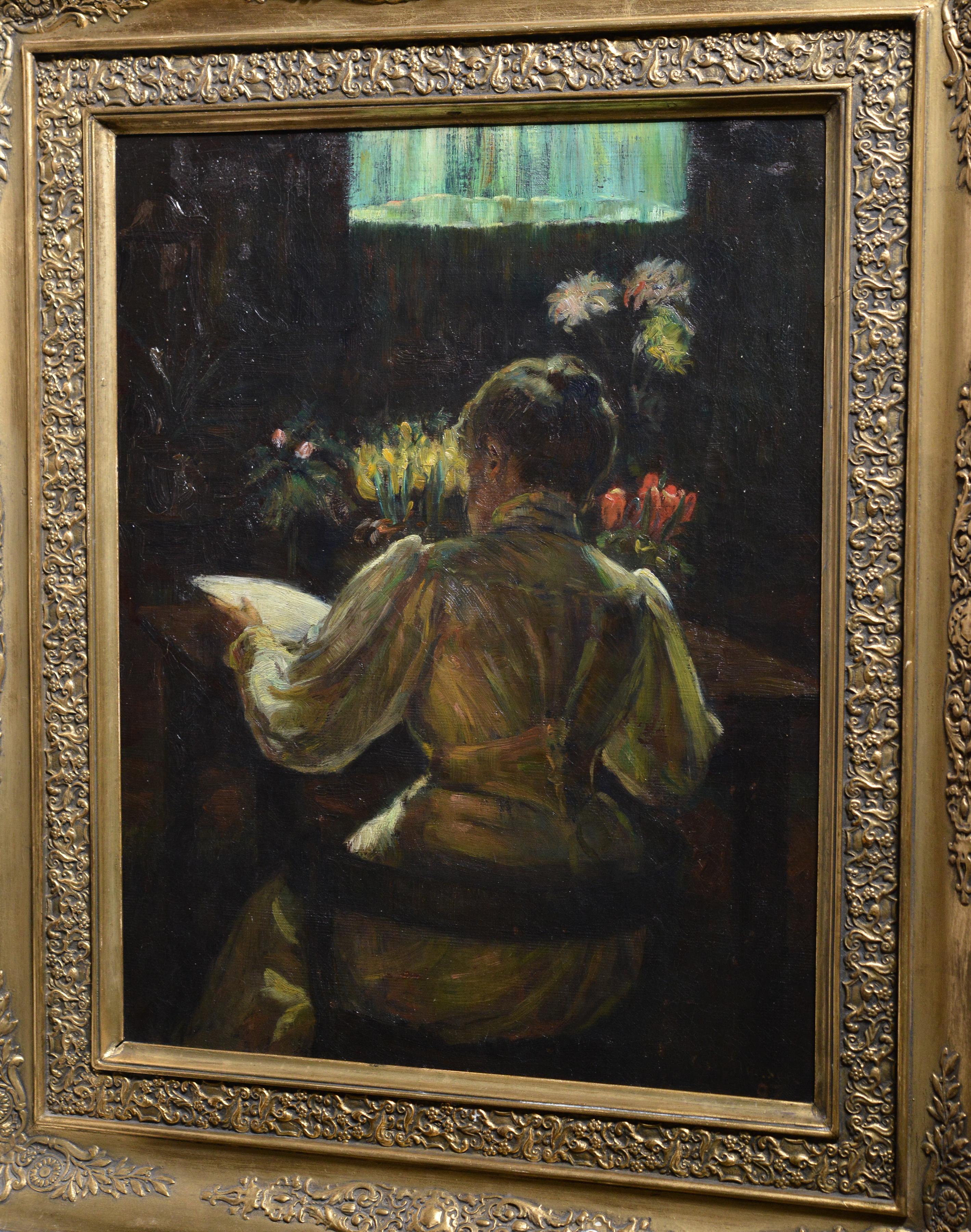 Homey Scene with Flowers and Lady Reading 1897 Norwegian Oil Painting  For Sale 4