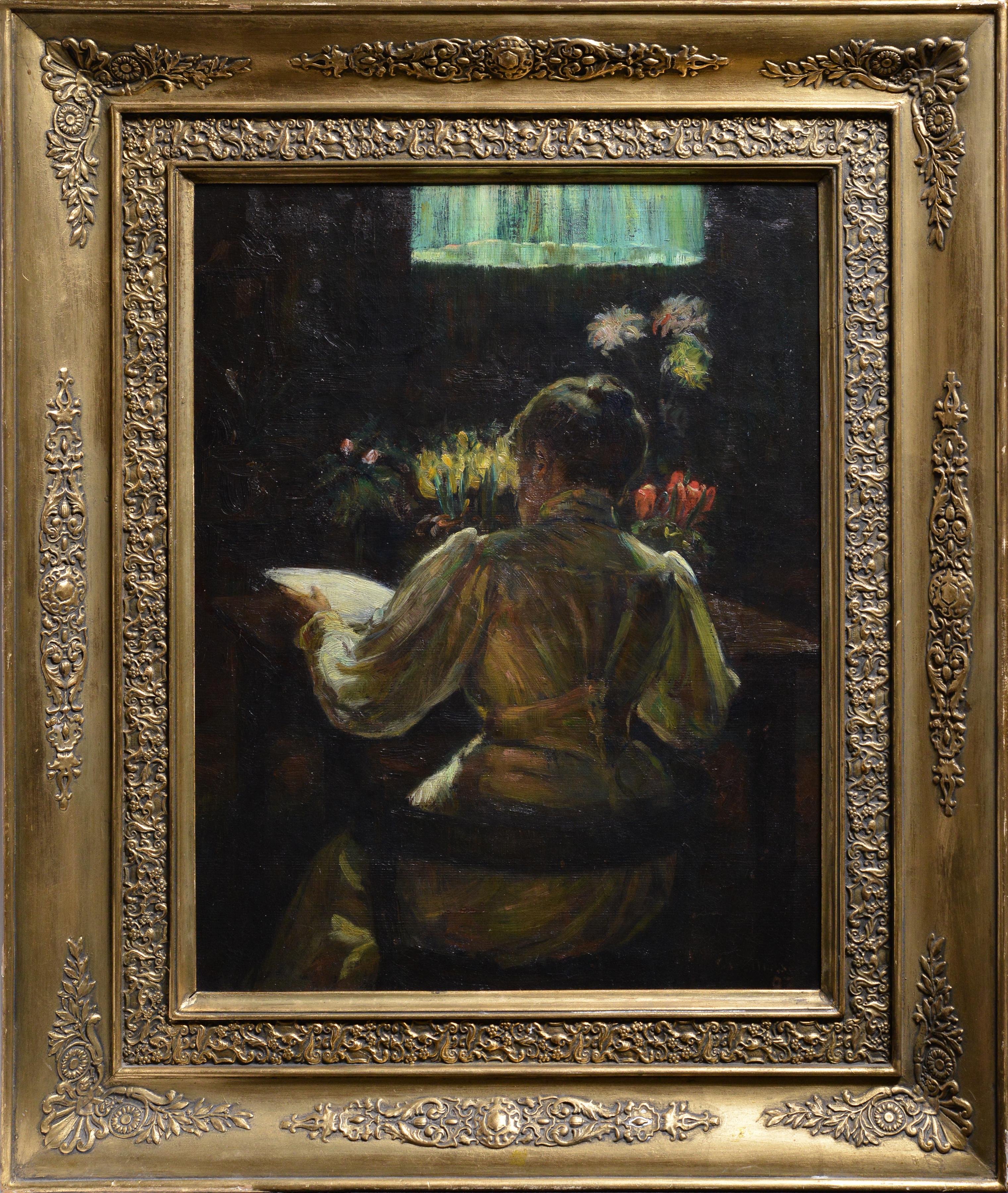 Homey Scene with Flowers and Lady Reading 1897 Norwegisches Ölgemälde 