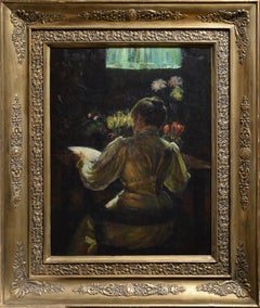 Vintage Homey Scene with Flowers and Lady Reading 1897 Norwegian Oil Painting 