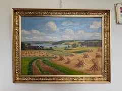 Henrik Gamst Jespersen (1853-1936) – Dipinto a olio danese d’epoca raffigurante un paesaggio con la mietitura