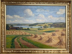 Henrik Gamst Jespersen (1853-1936) – Dipinto a olio danese d’epoca raffigurante un paesaggio con la mietitura