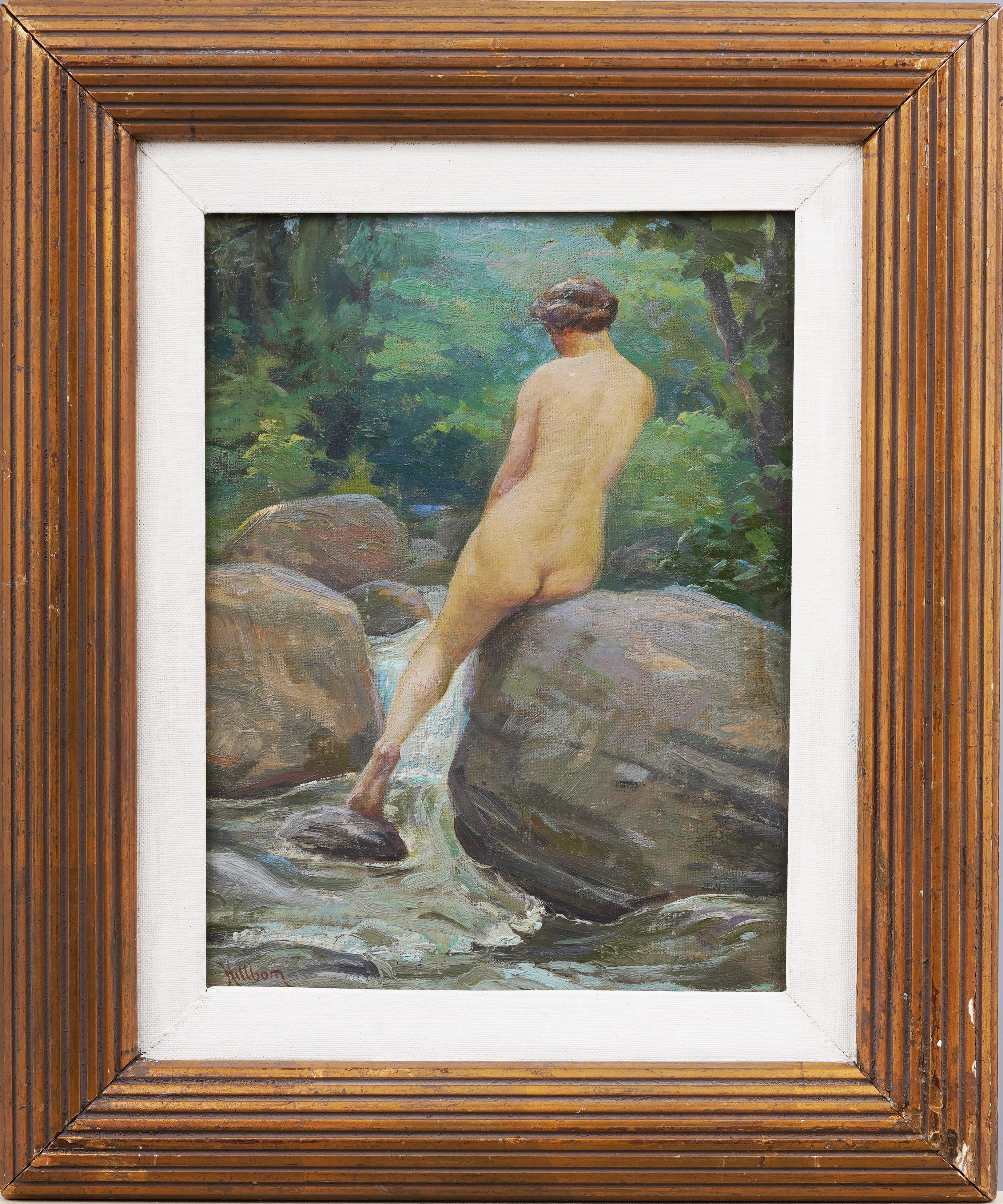 Antique American impressionist landscape with a nude bather by Henrik Hillblom (1863 - 1948).